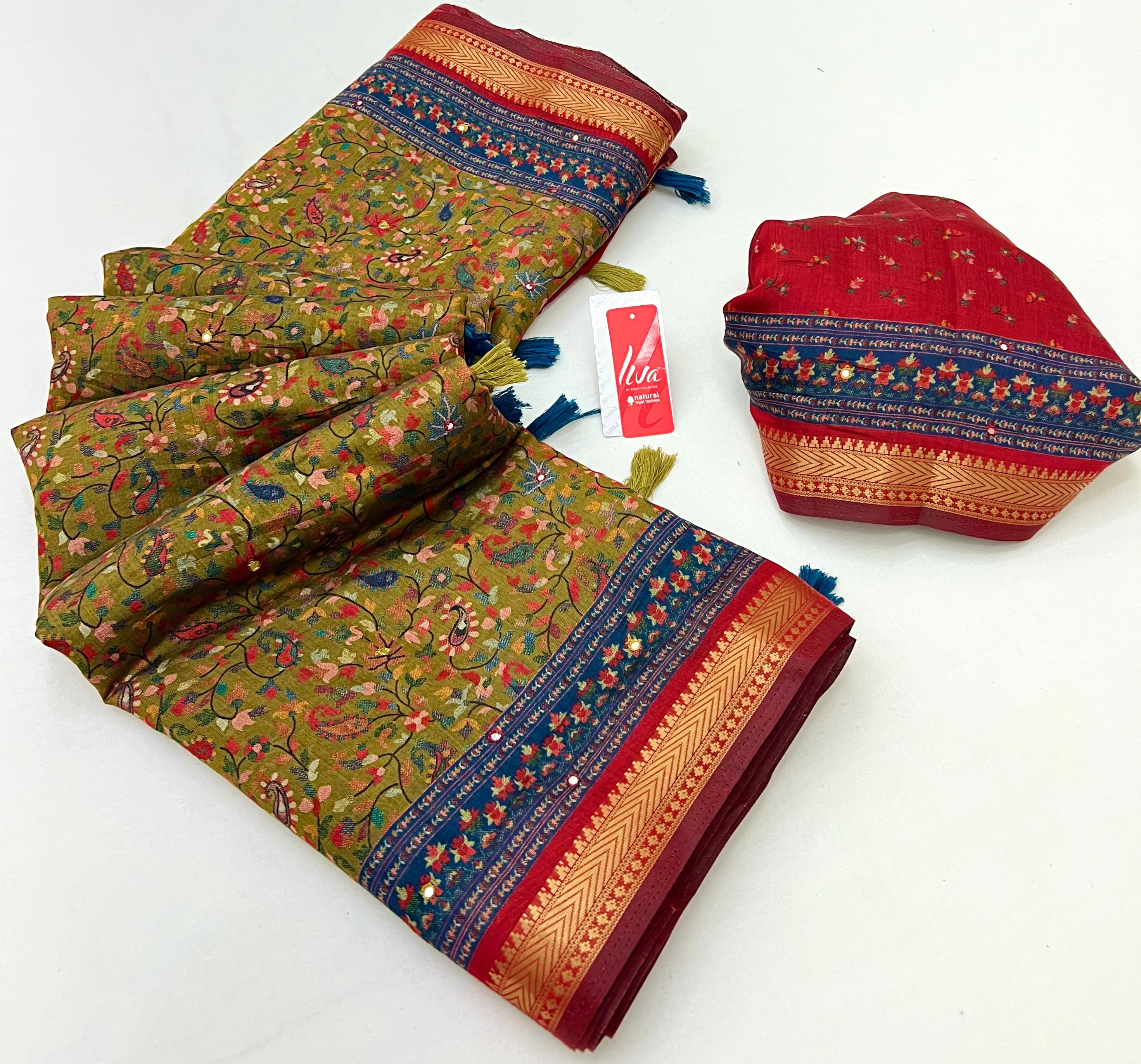 Stunning Ajrakh Kalamkari Pure Maslin Silk Saree with Mirror Work