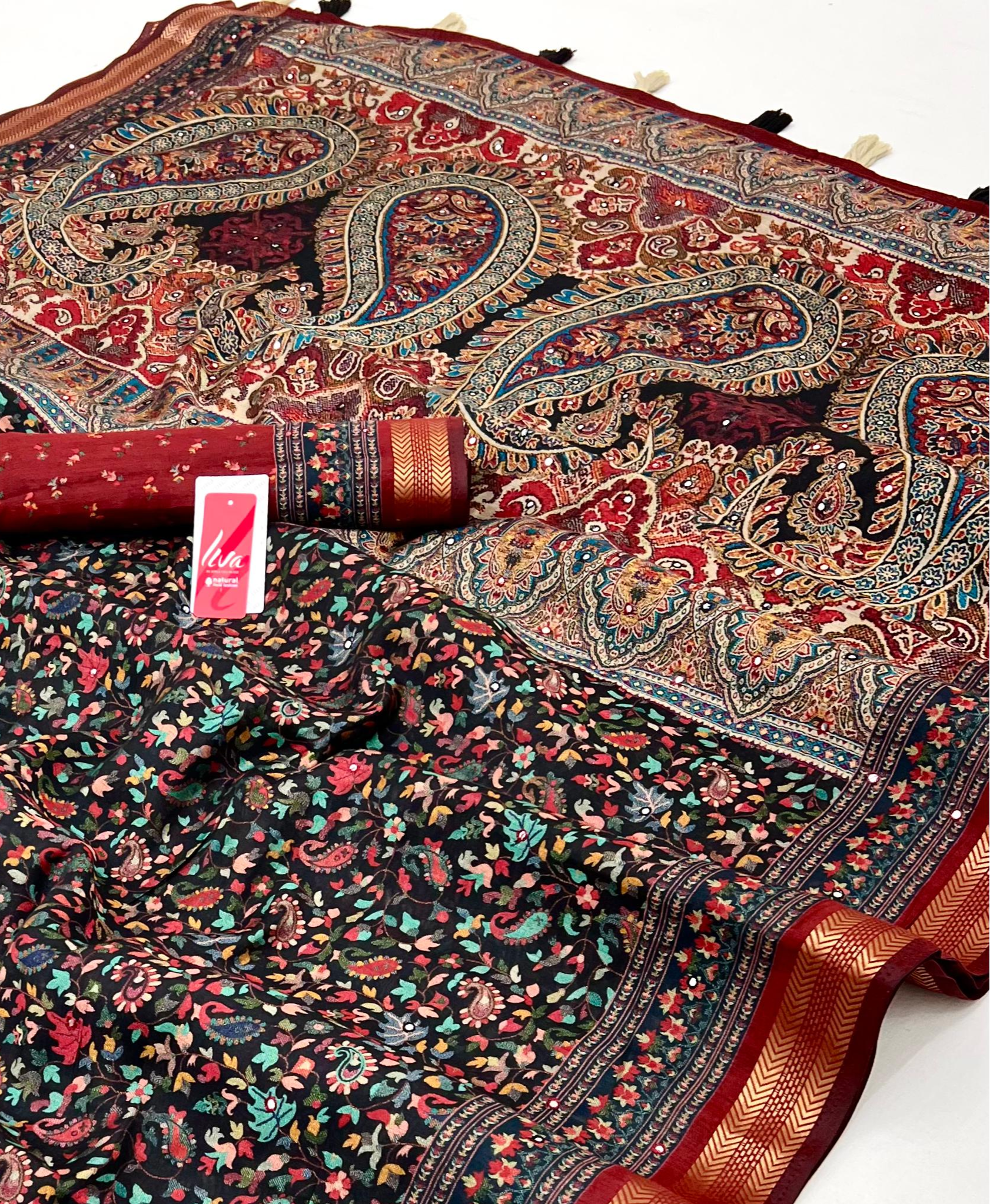 Stylish Black Ajrakh Kalamkari Pure Maslin Silk Saree with Mirror Work