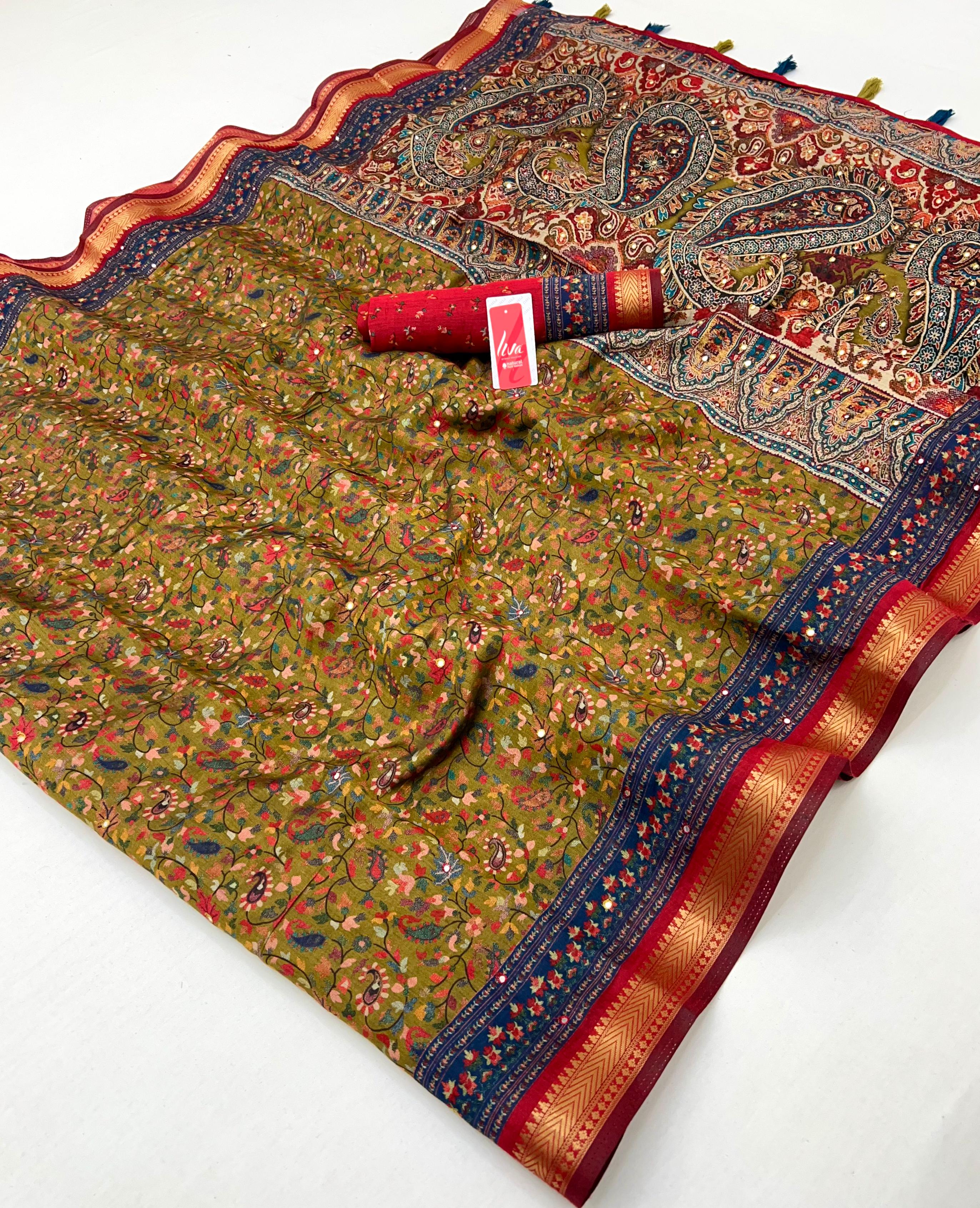 Stunning Ajrakh Kalamkari Pure Maslin Silk Saree with Mirror Work