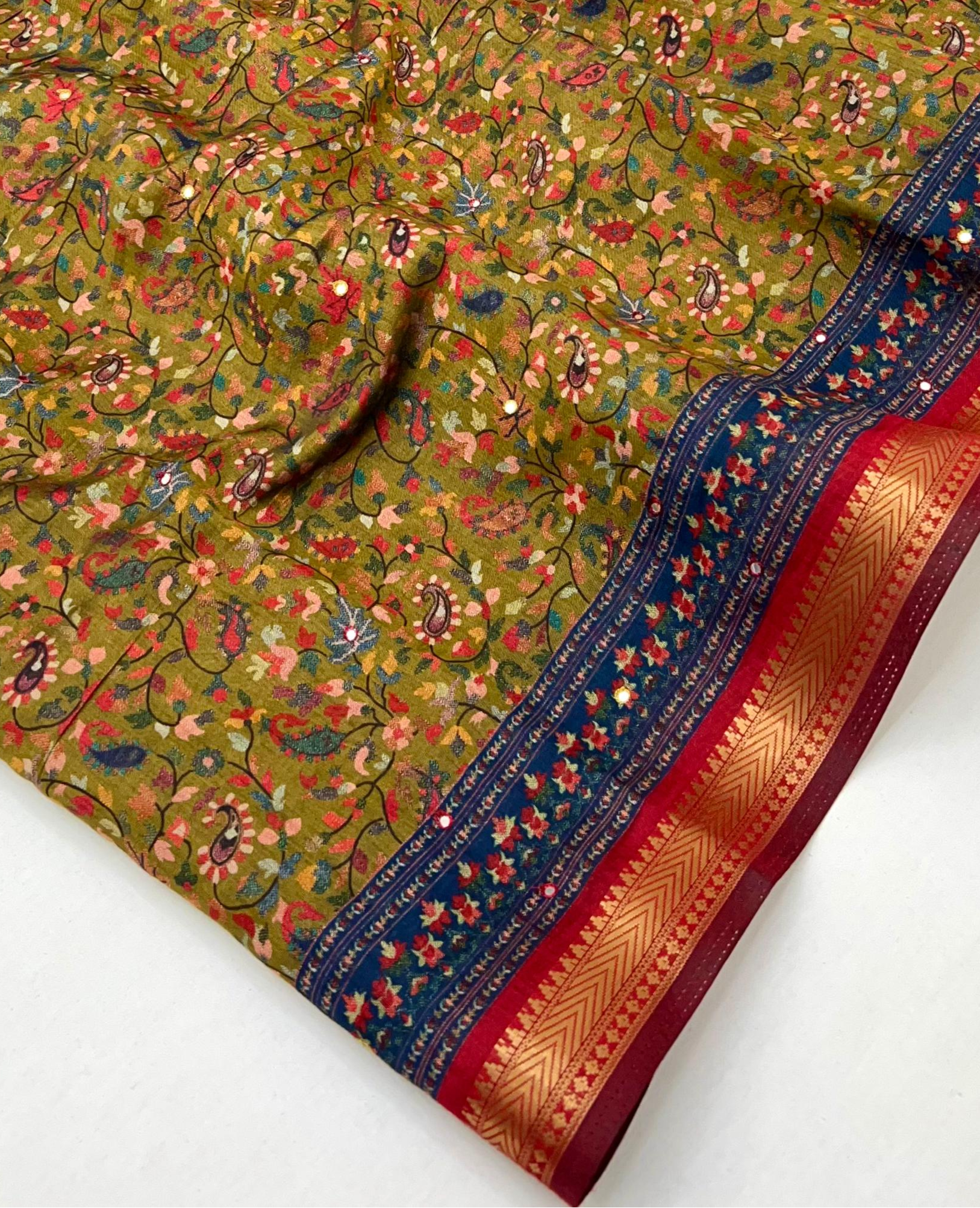 Stunning Ajrakh Kalamkari Pure Maslin Silk Saree with Mirror Work