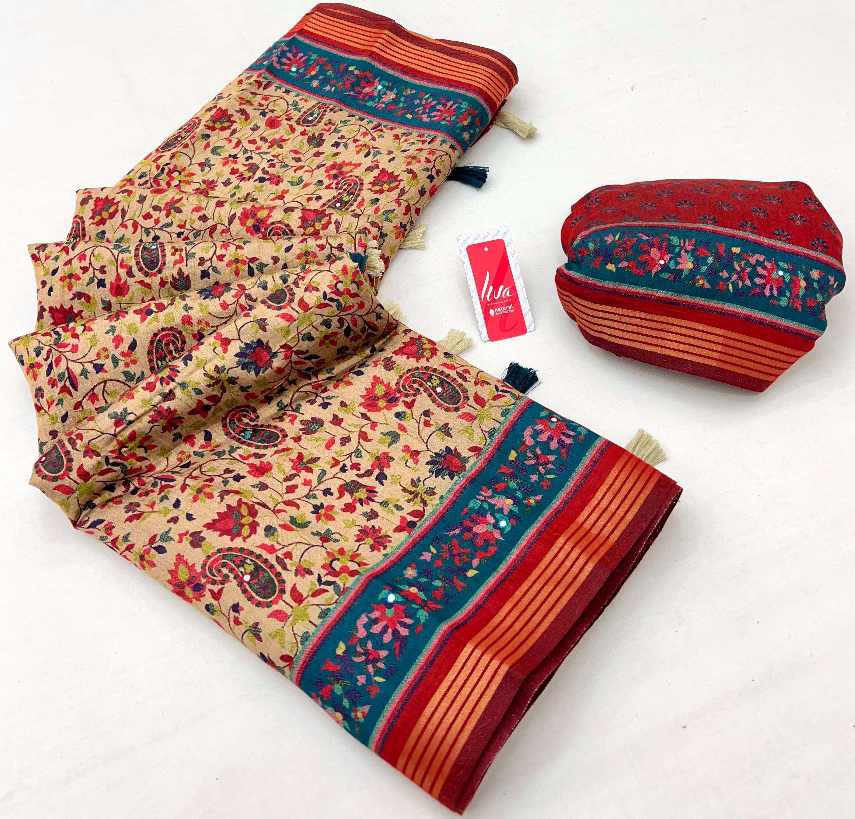 Timeless Cream Ajrakh Kalamkari Pure Maslin Silk Saree with Mirror Work