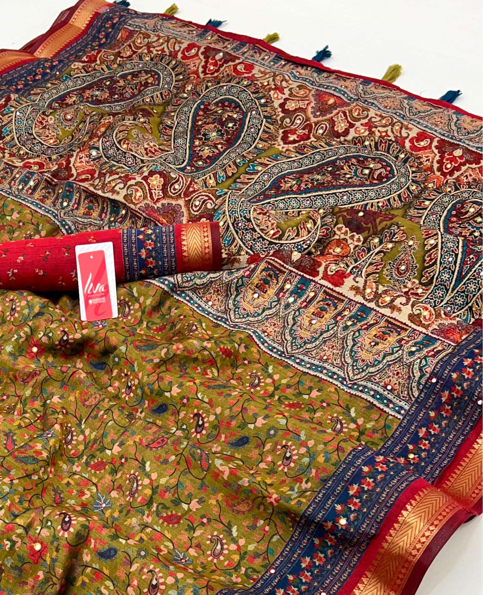 Stunning Ajrakh Kalamkari Pure Maslin Silk Saree with Mirror Work