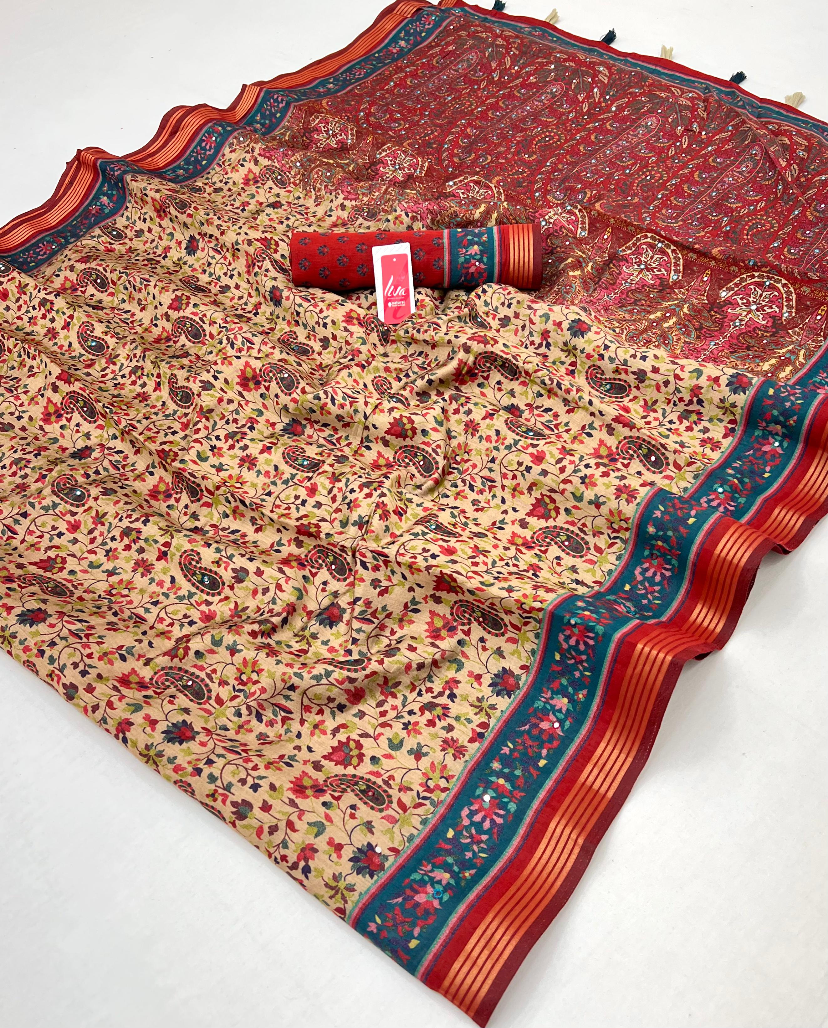 Timeless Cream Ajrakh Kalamkari Pure Maslin Silk Saree with Mirror Work