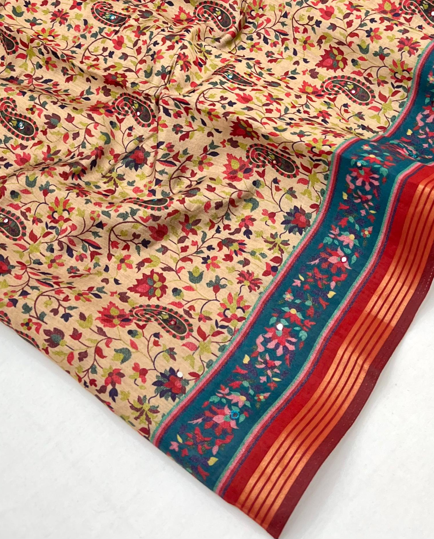 Timeless Cream Ajrakh Kalamkari Pure Maslin Silk Saree with Mirror Work