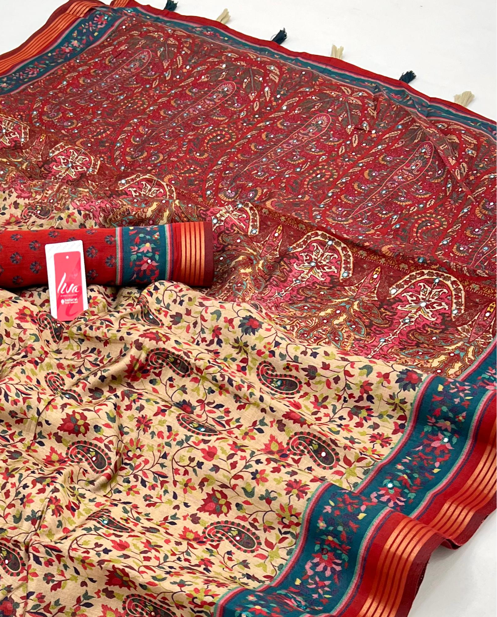 Timeless Cream Ajrakh Kalamkari Pure Maslin Silk Saree with Mirror Work