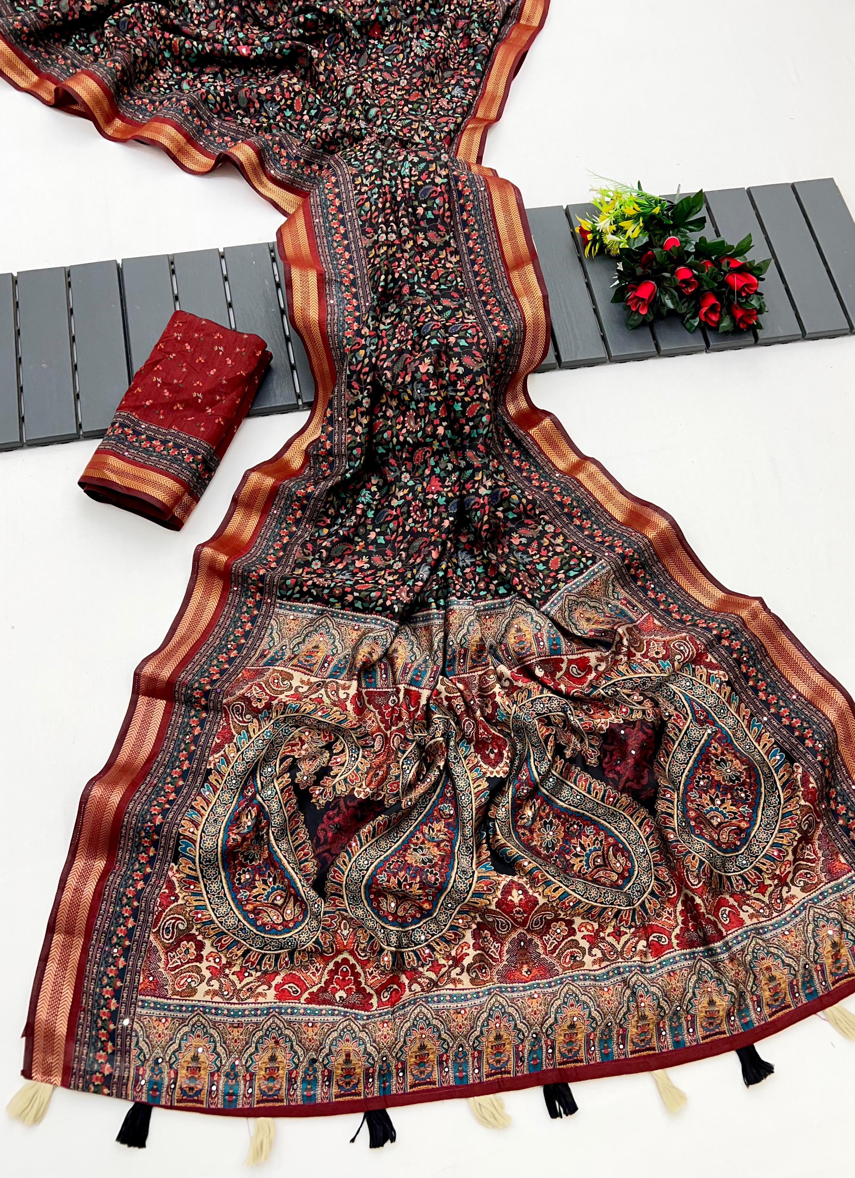 Stylish Black Ajrakh Kalamkari Pure Maslin Silk Saree with Mirror Work