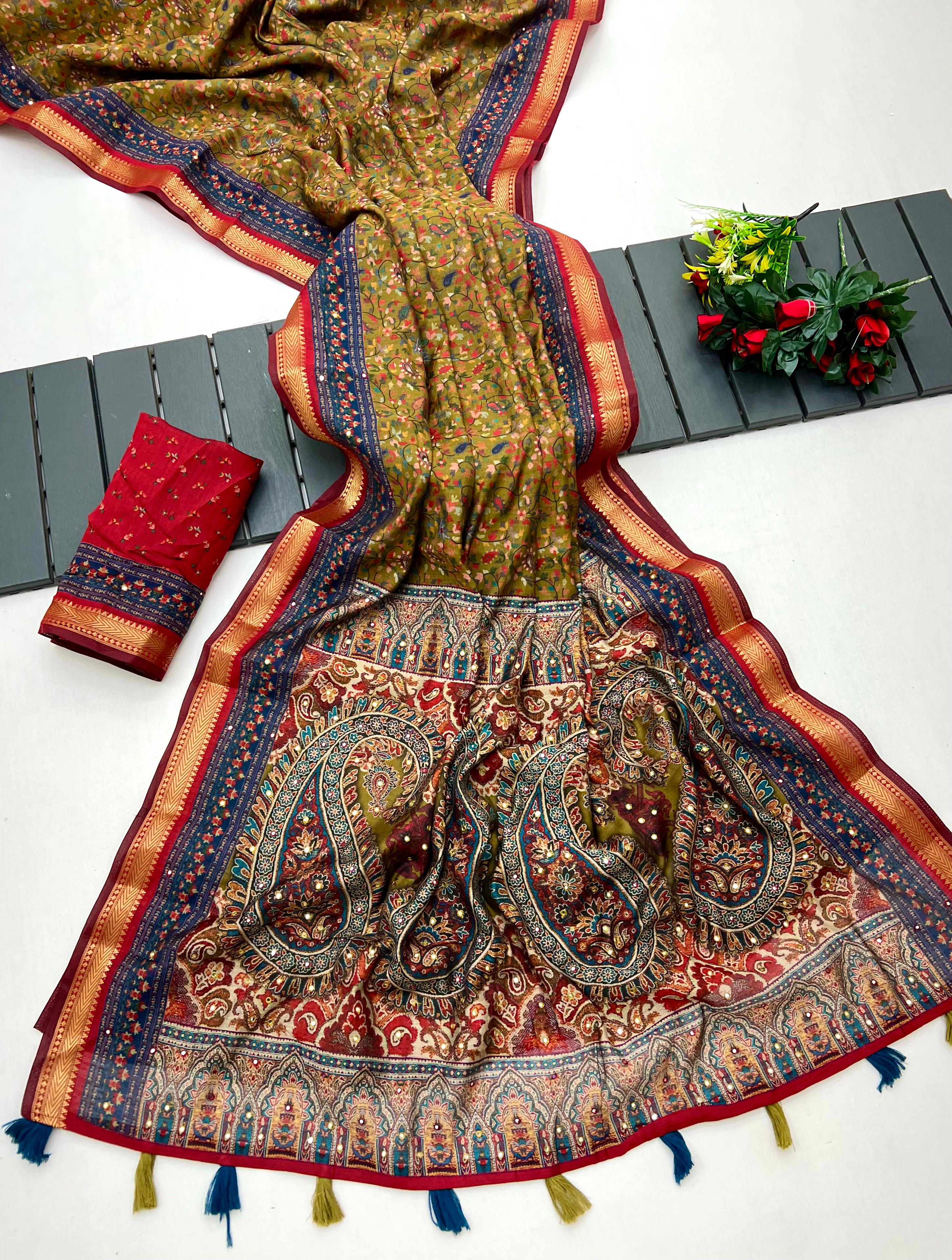 Stunning Ajrakh Kalamkari Pure Maslin Silk Saree with Mirror Work