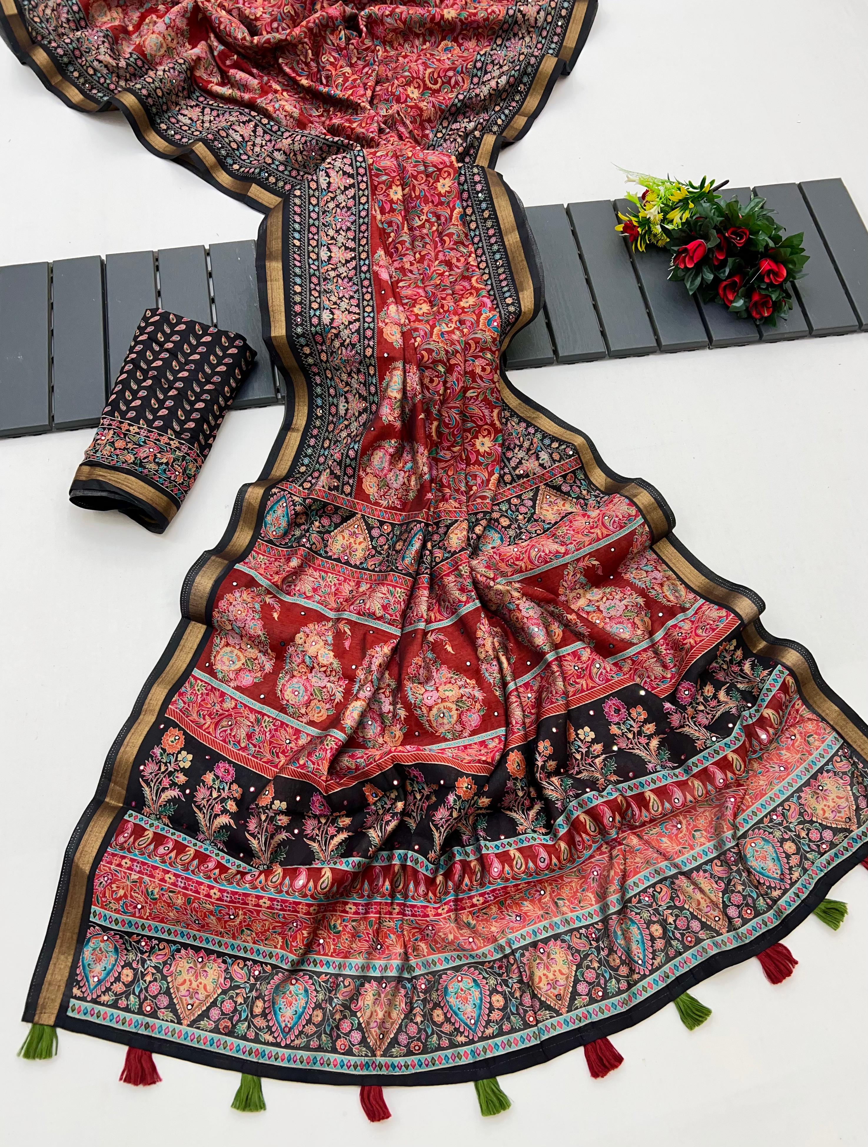 Radiant Maroon Ajrakh Kalamkari Pure Maslin Silk Saree with Mirror Work