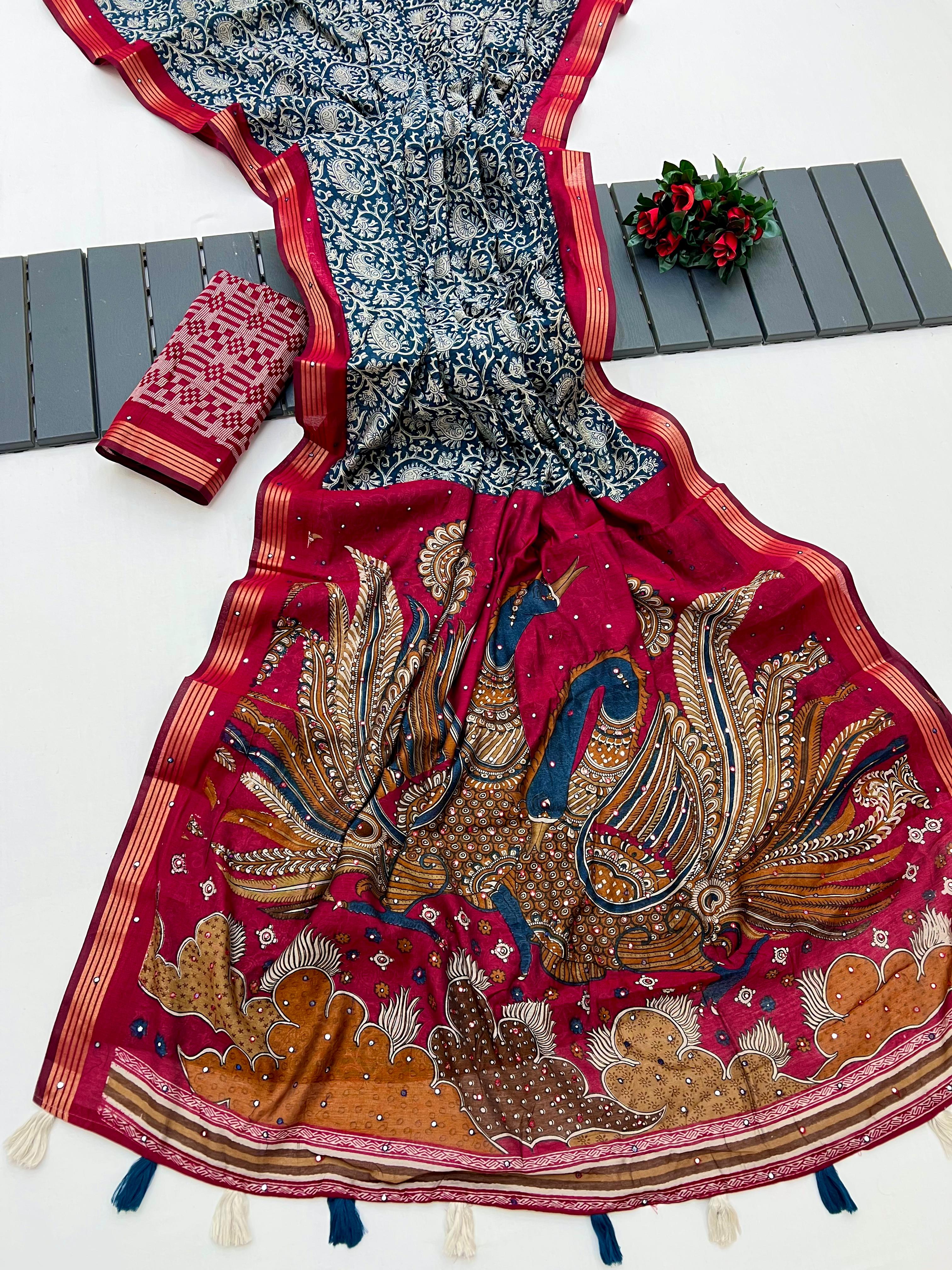 Stylish Indigo Ajrakh Kalamkari Pure Maslin Silk Saree with Mirror Work