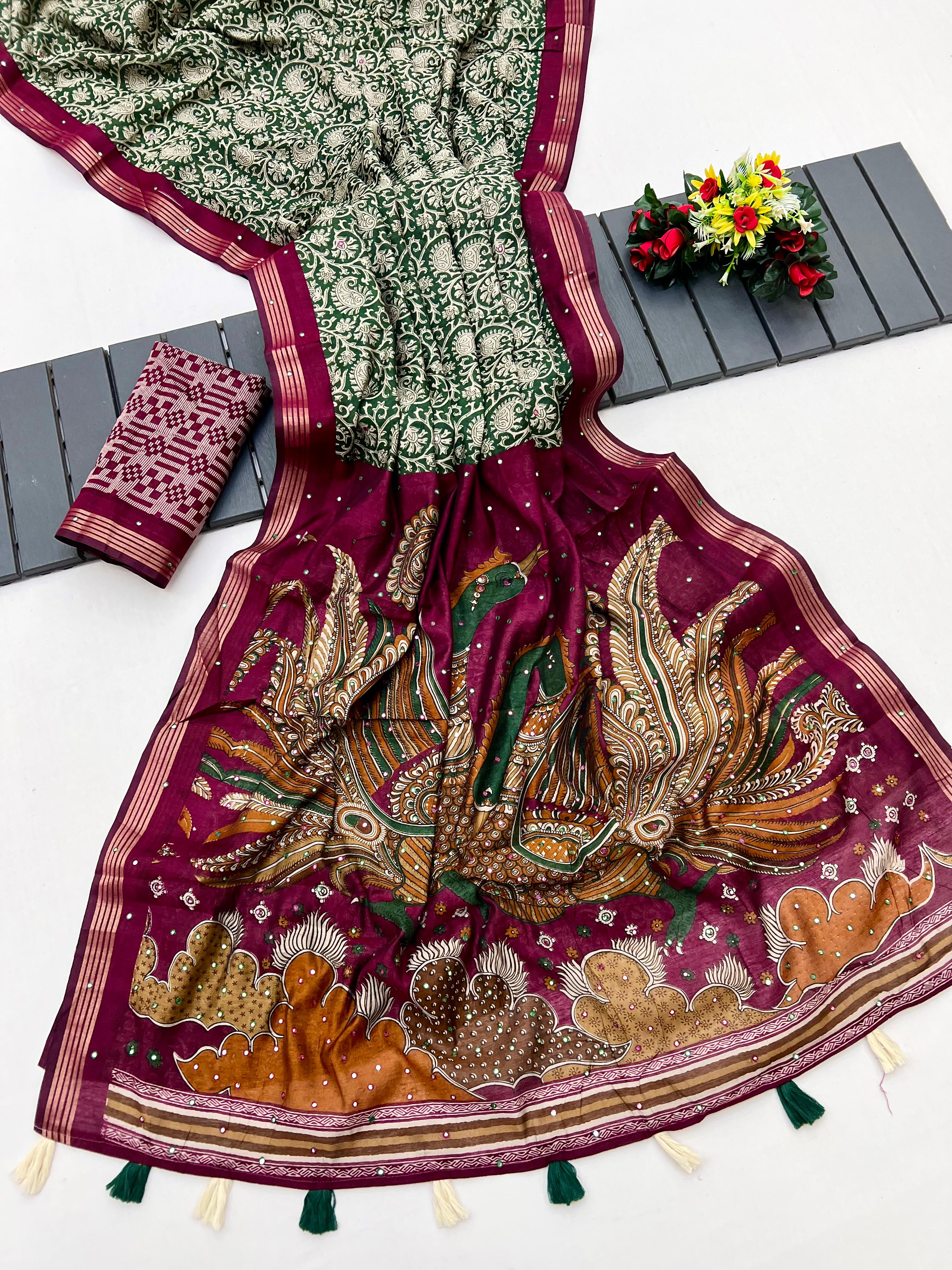 Innovative Green Ajrakh Kalamkari Pure Maslin Silk Saree with Mirror Work