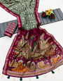 Innovative Green Ajrakh Kalamkari Pure Maslin Silk Saree with Mirror Work