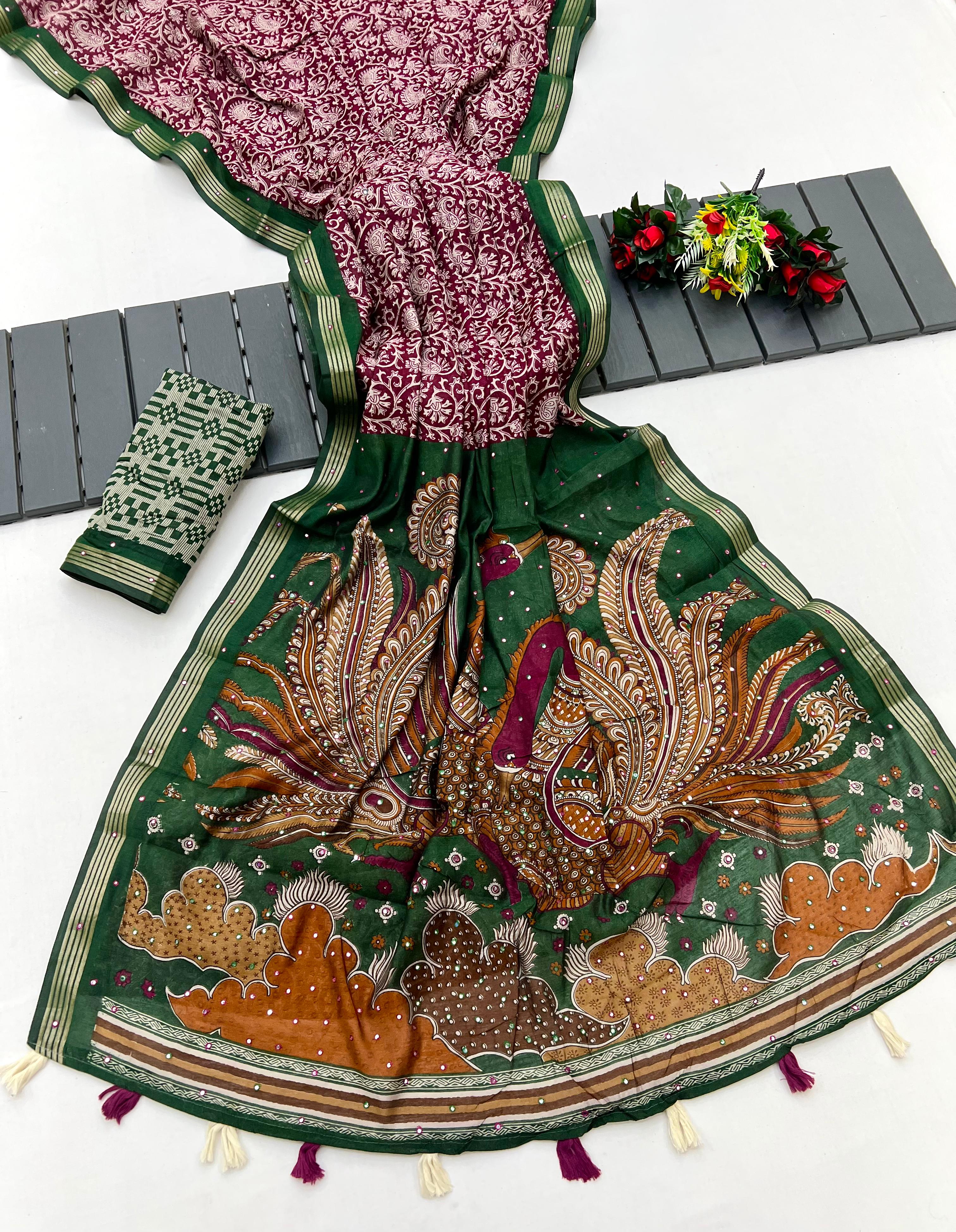 Authentic WIne Ajrakh Kalamkari Pure Maslin Silk Saree with Mirror Work