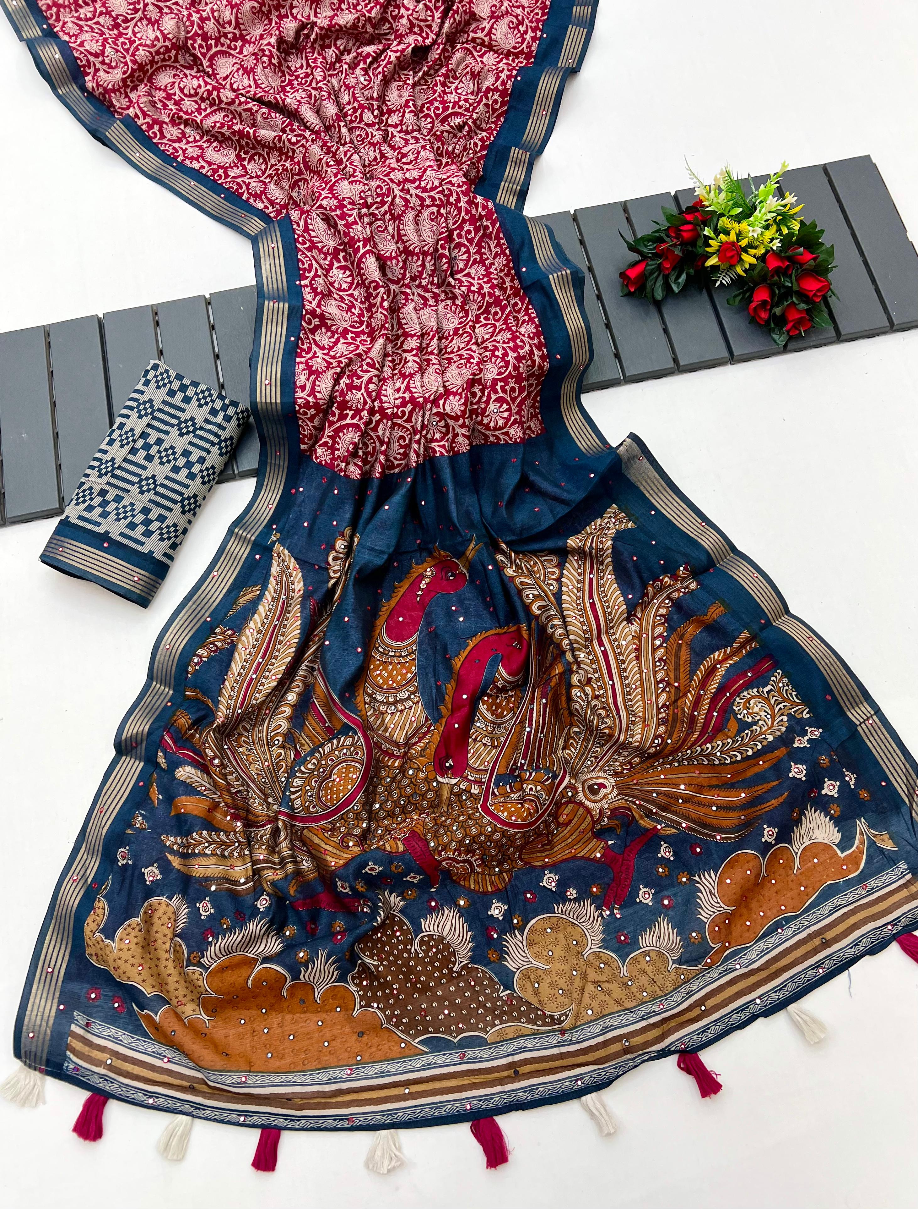 Handmade Redish Ajrakh Kalamkari Pure Maslin Silk Saree with Mirror Work