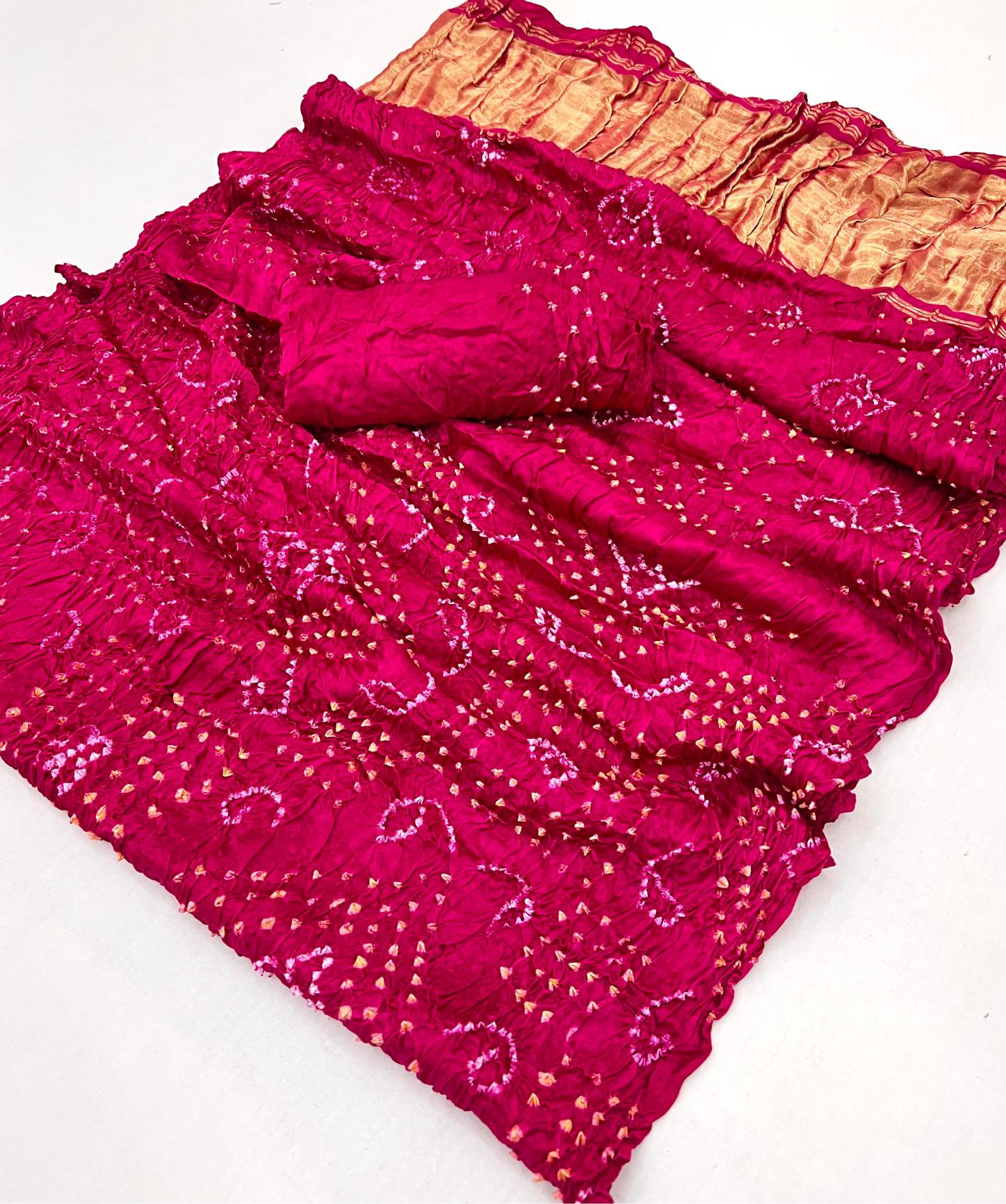Folly Pink Pure Bandhni Zari Pallu Modal Soft Silk Saree