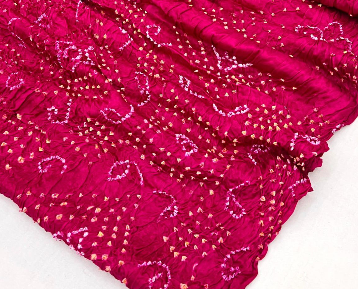 Folly Pink Pure Bandhni Zari Pallu Modal Soft Silk Saree