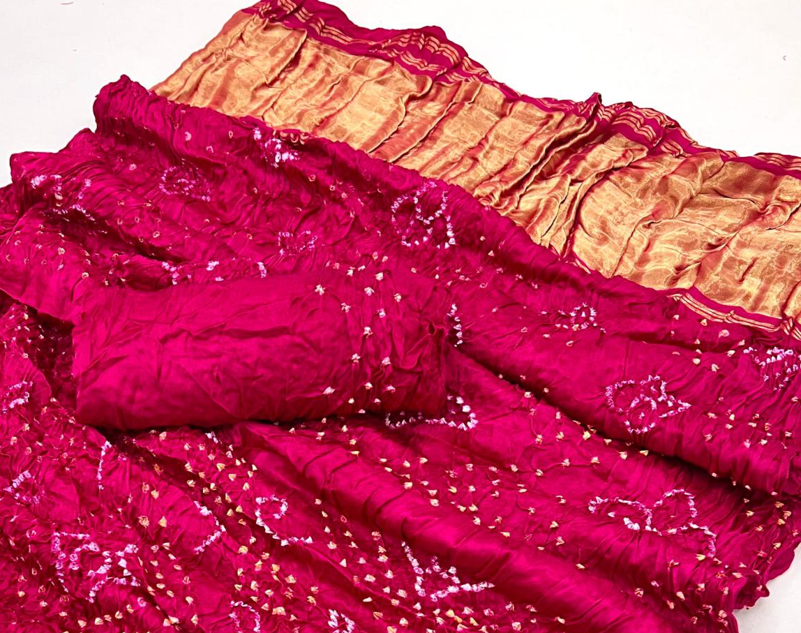 Folly Pink Pure Bandhni Zari Pallu Modal Soft Silk Saree