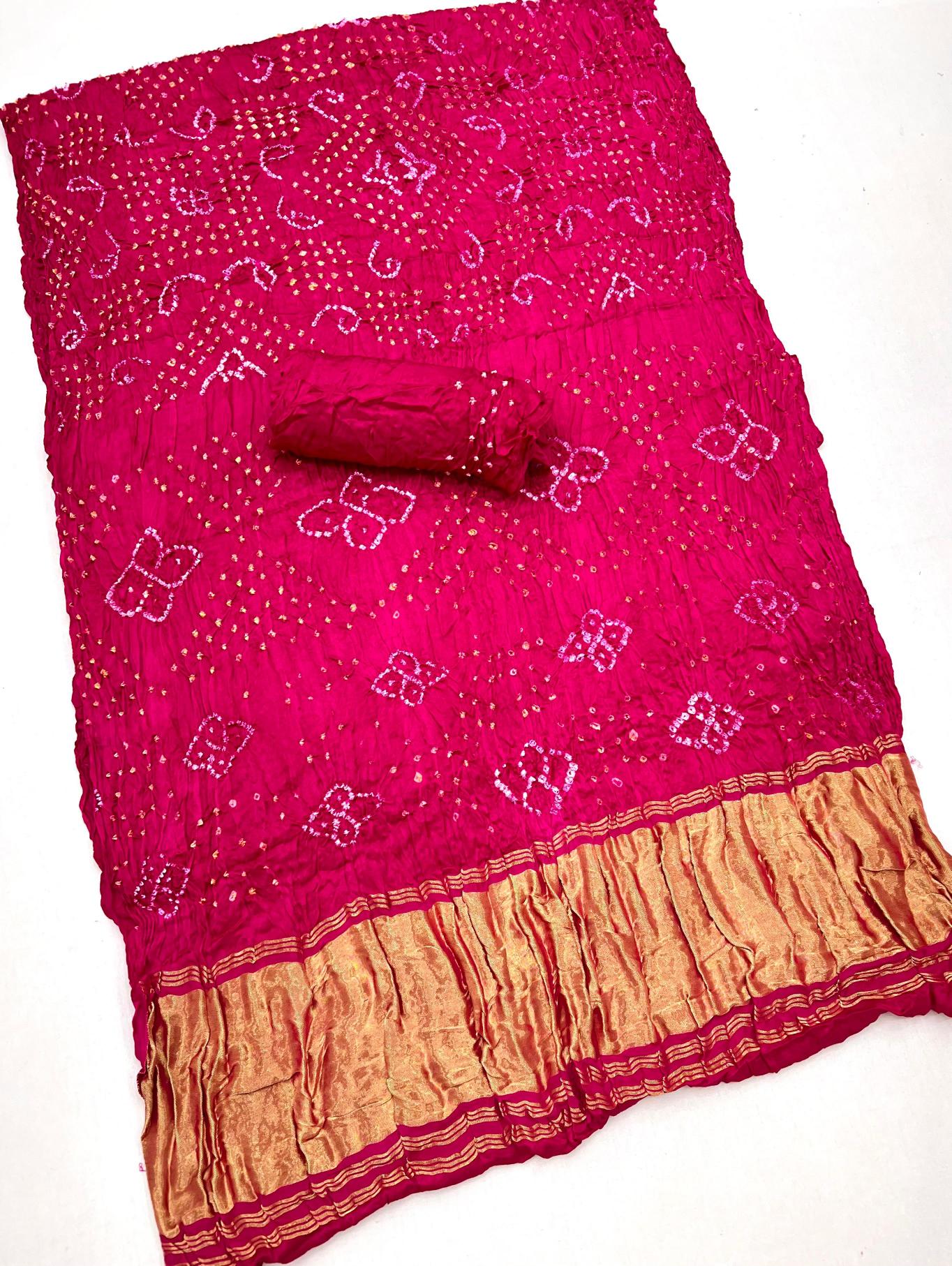 Folly Pink Pure Bandhni Zari Pallu Modal Soft Silk Saree