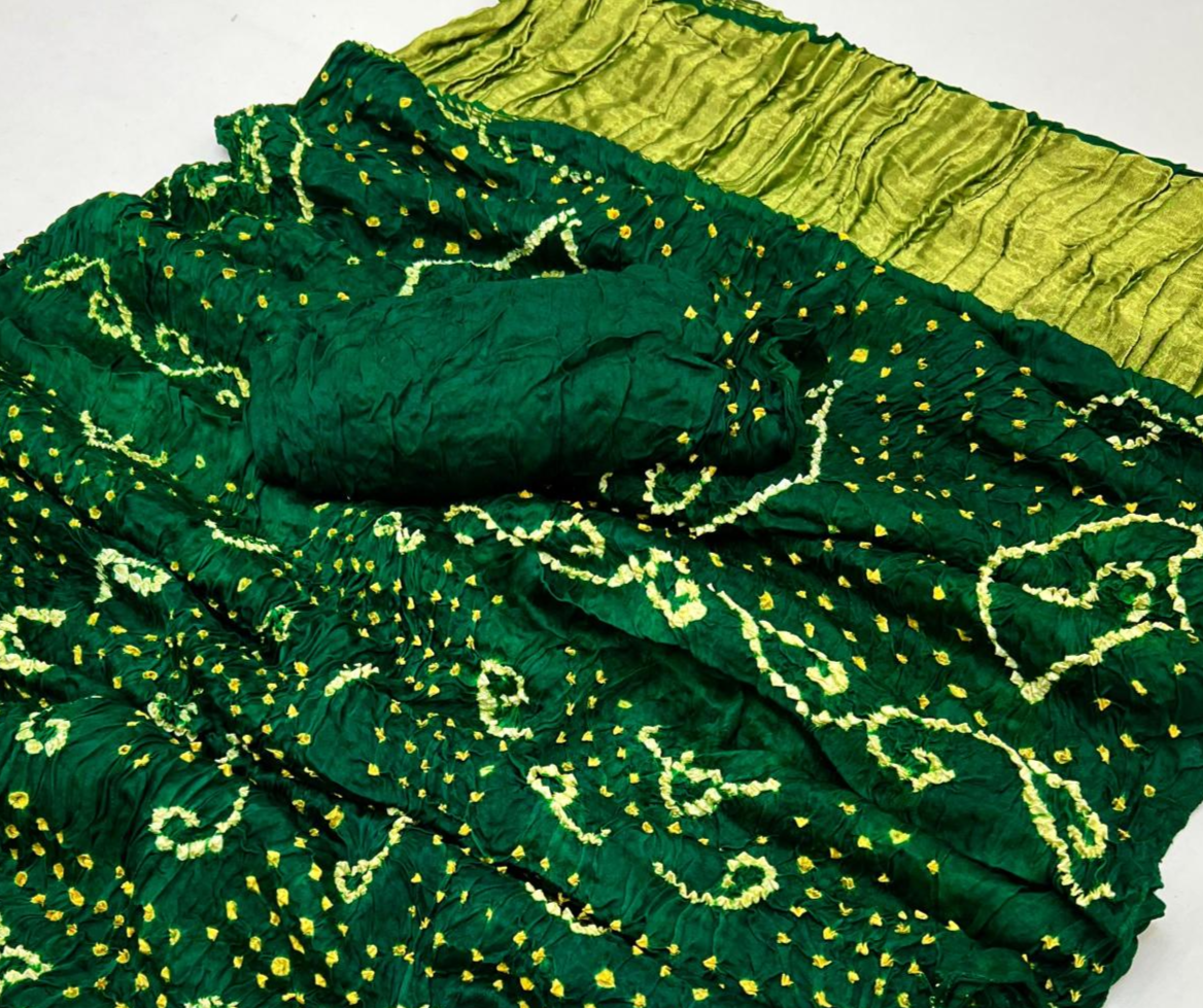Dark Green Pure Bandhni Zari Pallu Modal Soft Silk Saree