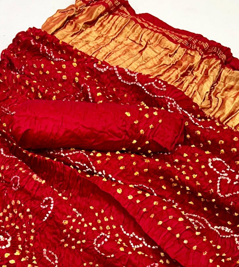 Milano Red Pure Bandhni Zari Pallu Modal Soft Silk Saree