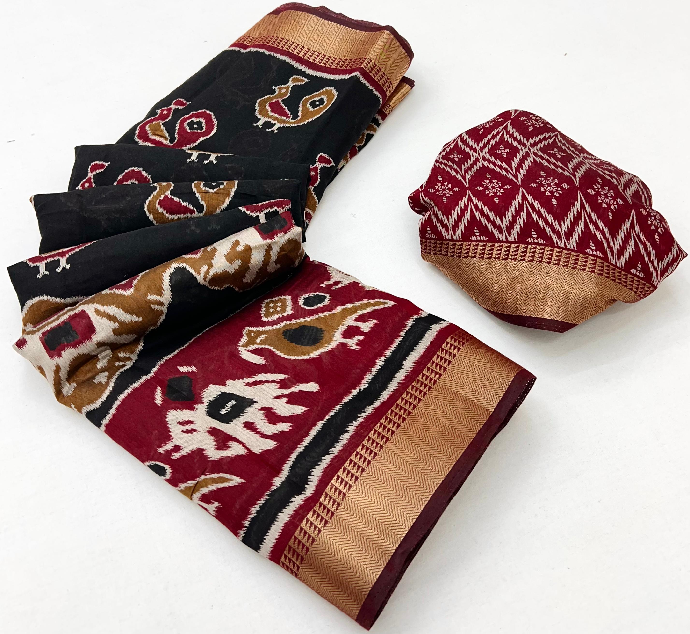 Sandrift Brown and Black Woven Mul Cotton Saree With Blouse