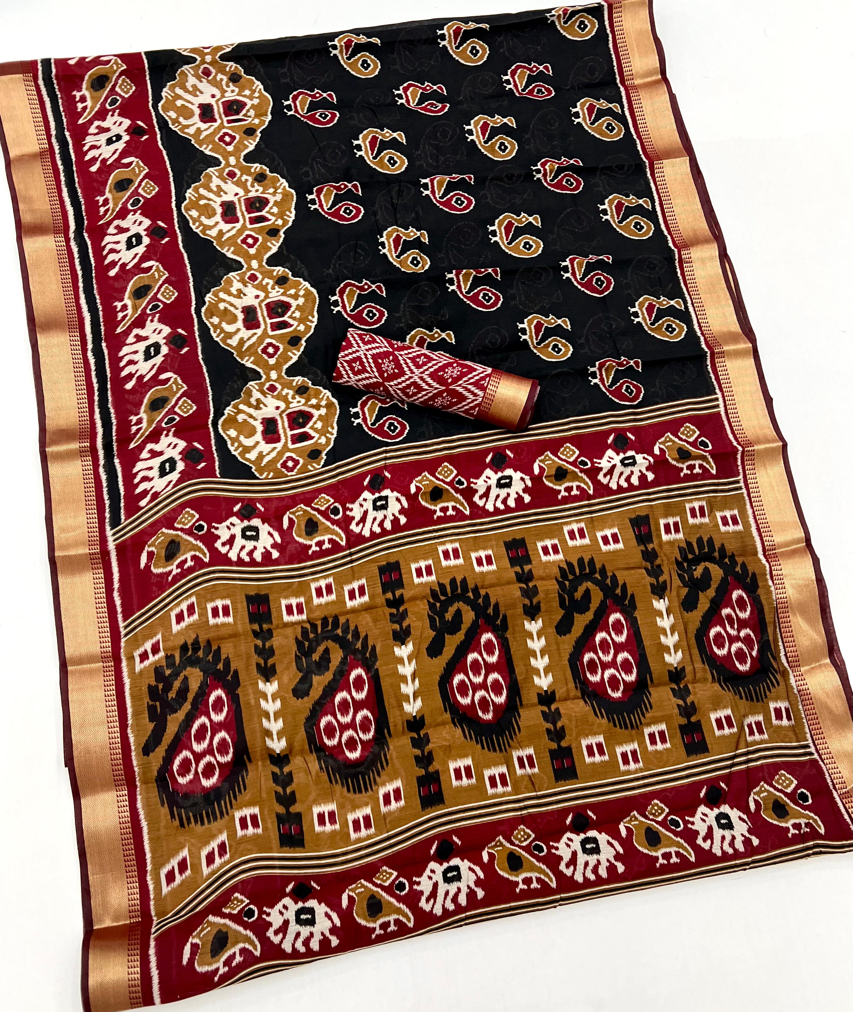 Sandrift Brown and Black Woven Mul Cotton Saree With Blouse