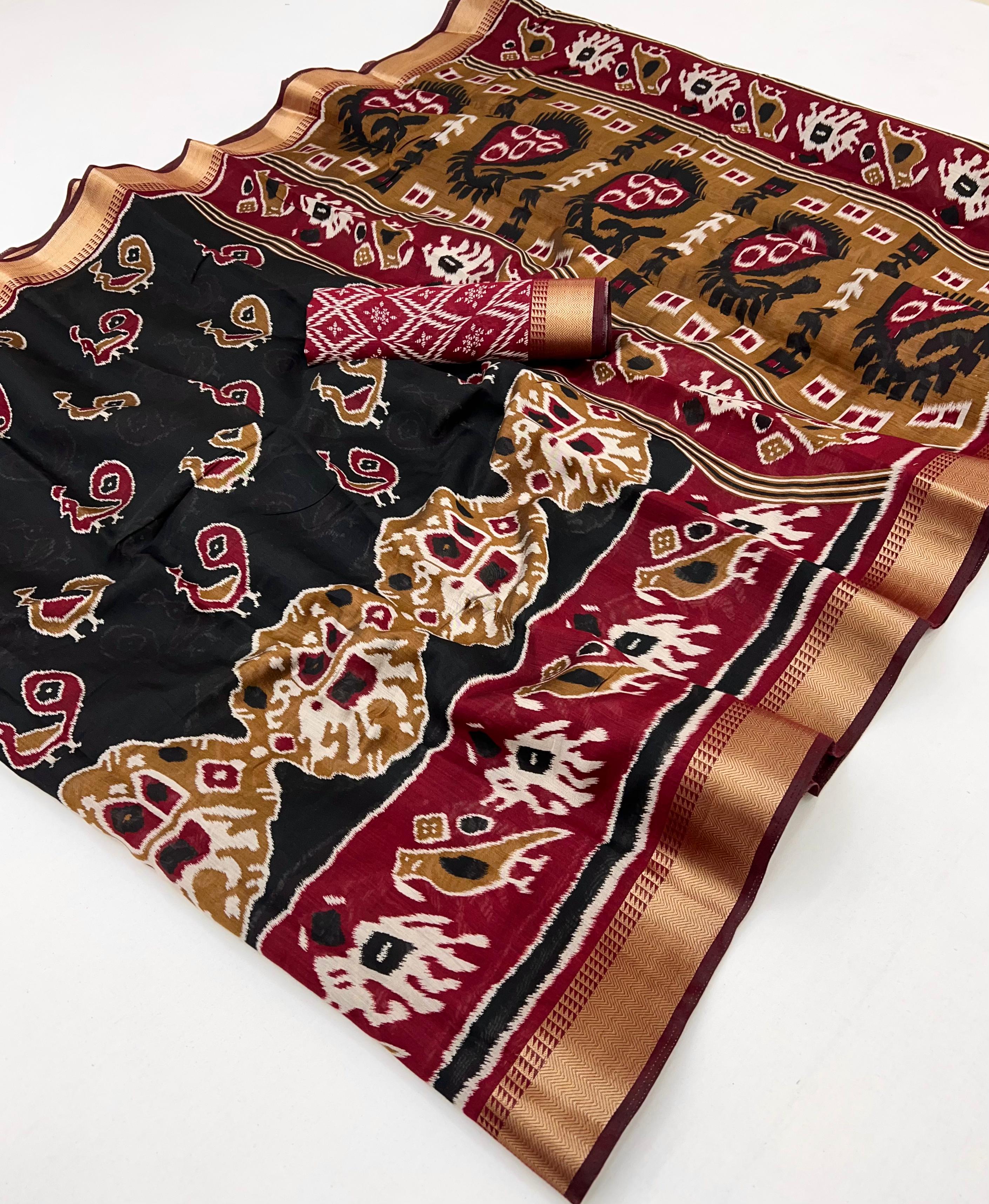 Sandrift Brown and Black Woven Mul Cotton Saree With Blouse