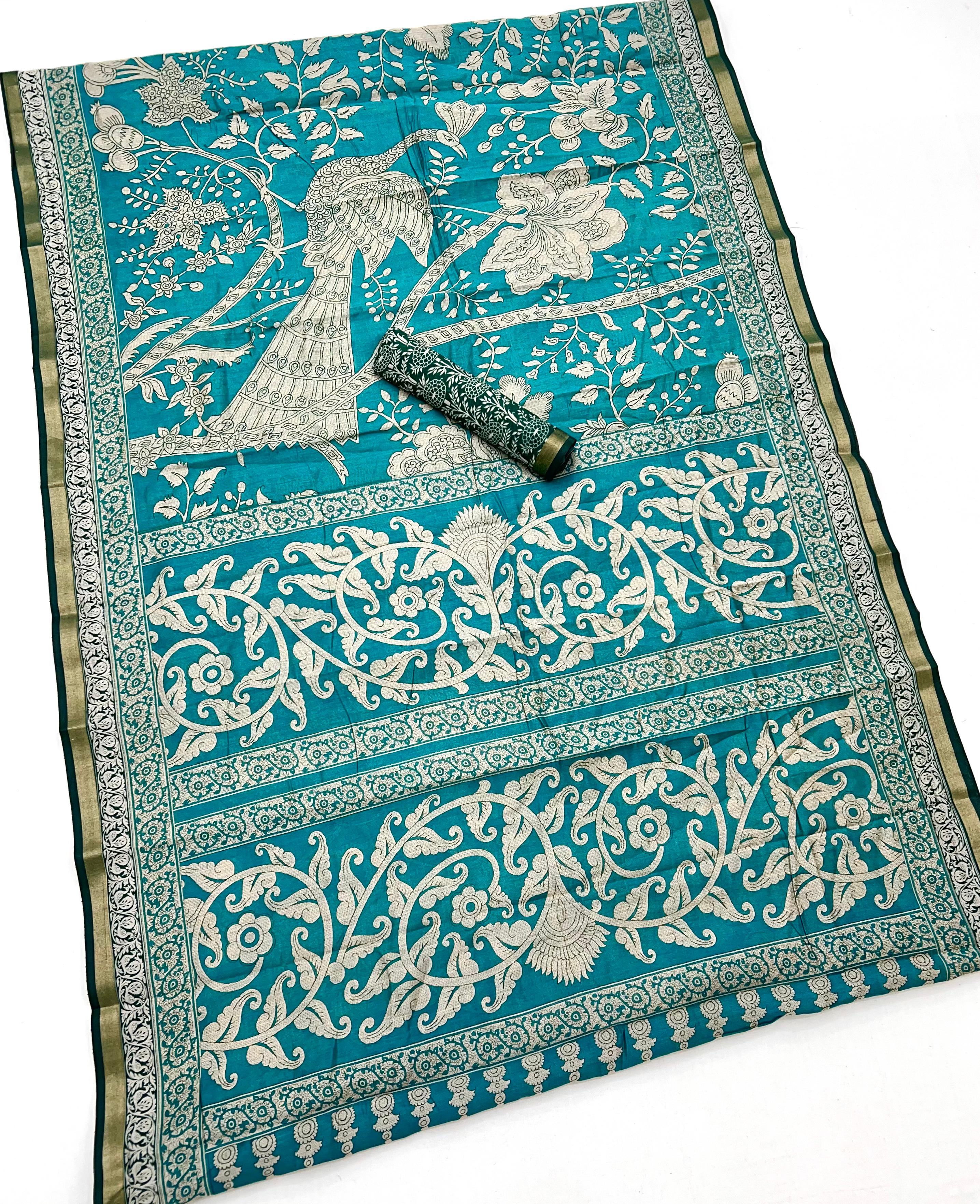 Cyan Blue Pure Maslin Silk Saree With Stylish Blouse Piece