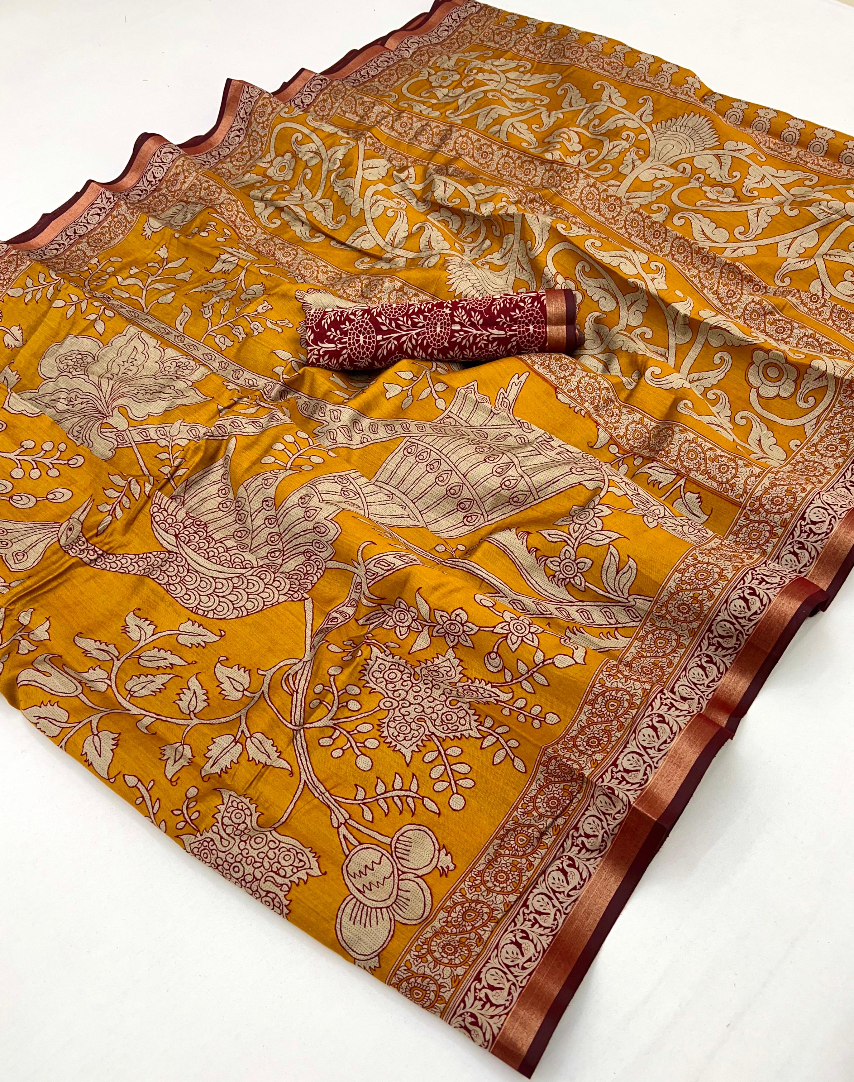 Rob Yellow Pure Maslin Silk Saree With Stylish Blouse Piece