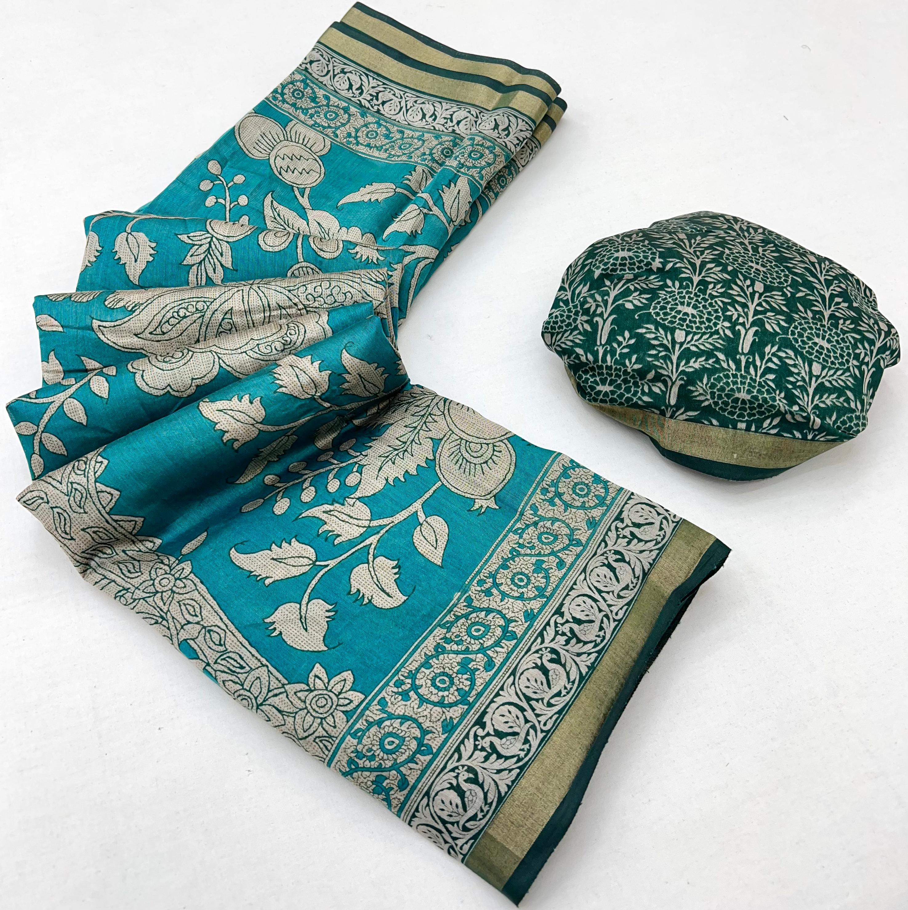 Cyan Blue Pure Maslin Silk Saree With Stylish Blouse Piece
