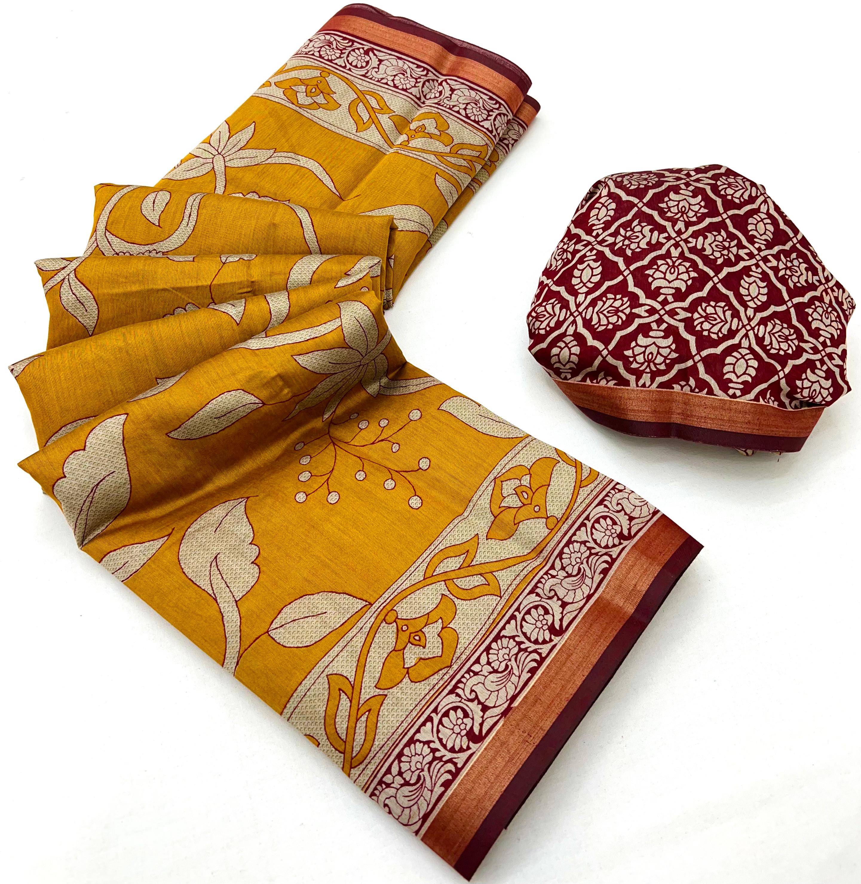 Beev Yellow Pure Mul Cotton Saree With Stylish Blouse Piece