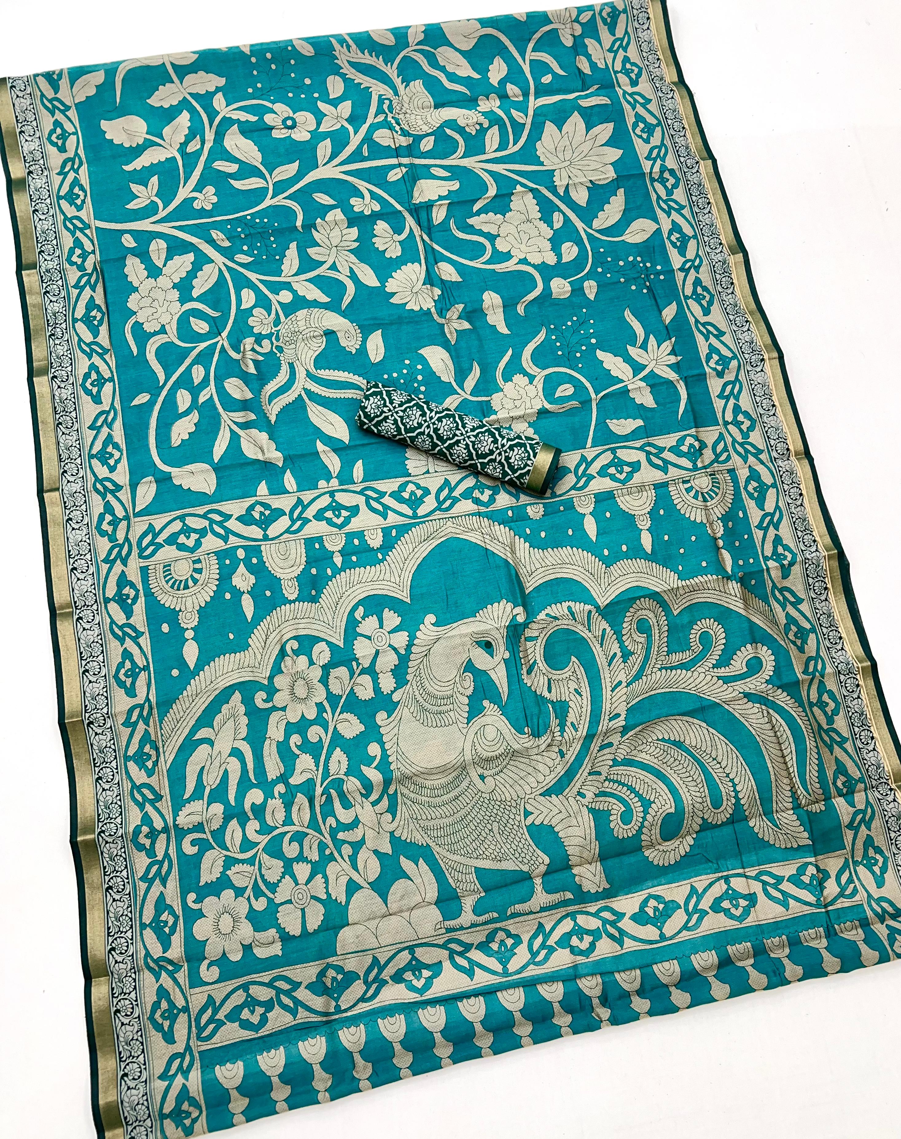 Teal Blue Pure Mul Cotton Saree With Stylish Blouse Piece