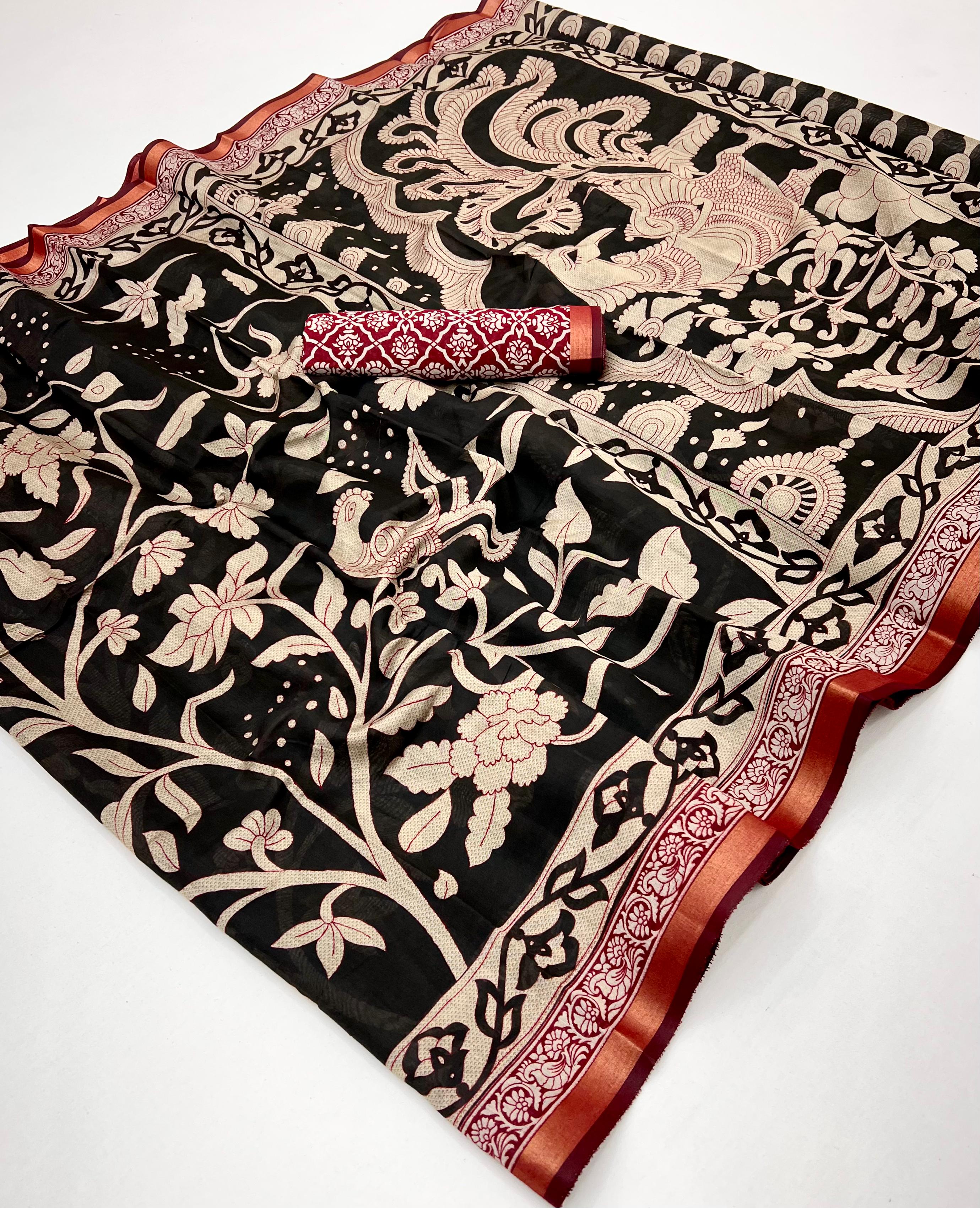 Black Bean Pure Mul Cotton Saree With Stylish Blouse Piece