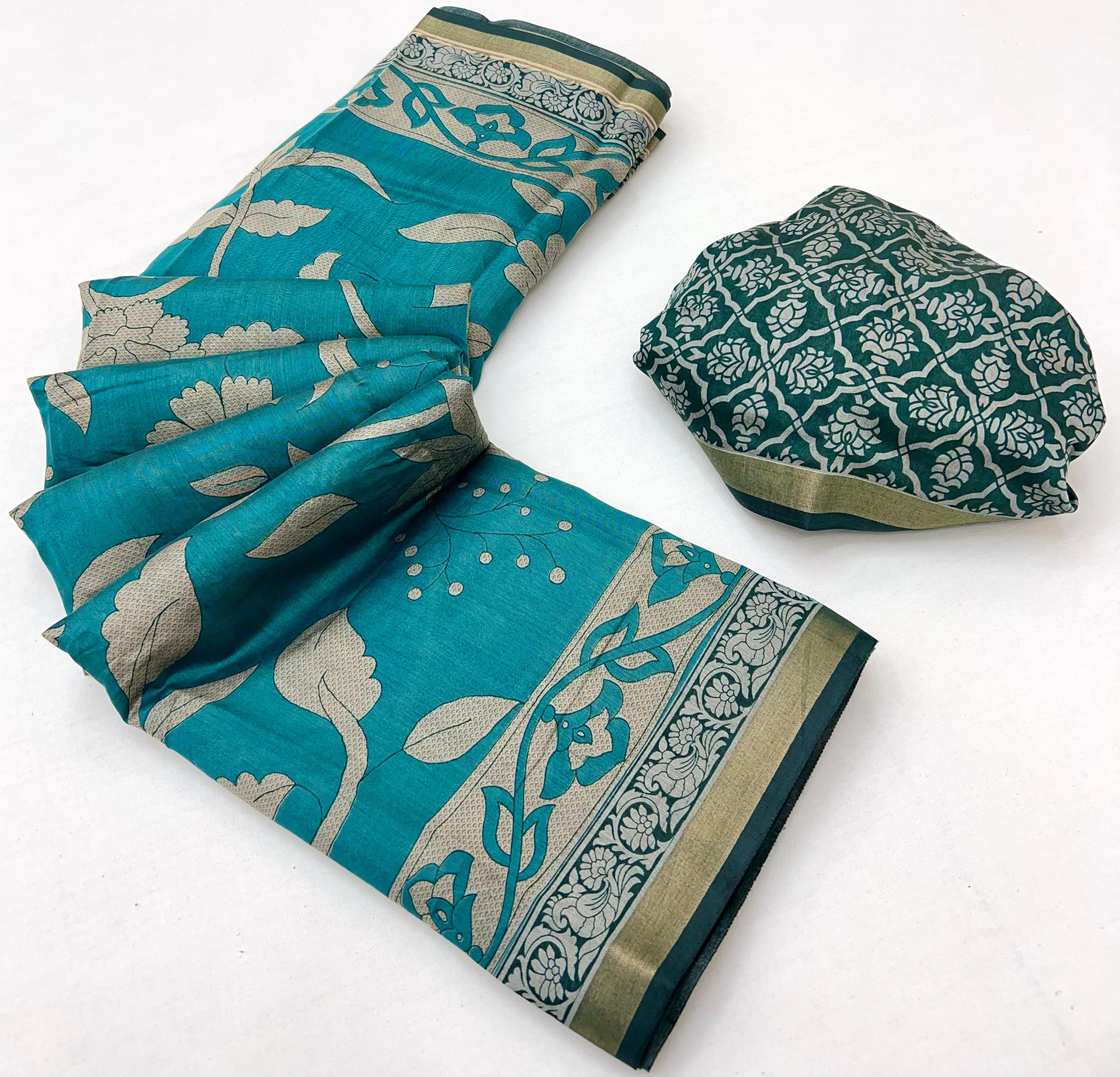 Teal Blue Pure Mul Cotton Saree With Stylish Blouse Piece