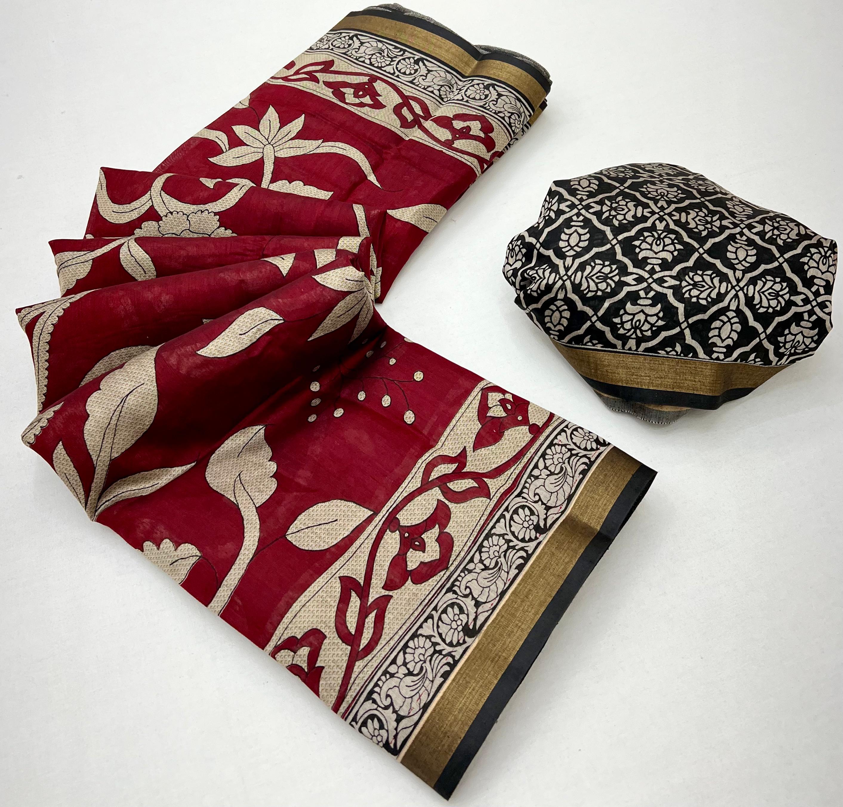 Rosewood Pure Mul Cotton Saree With Stylish Blouse Piece