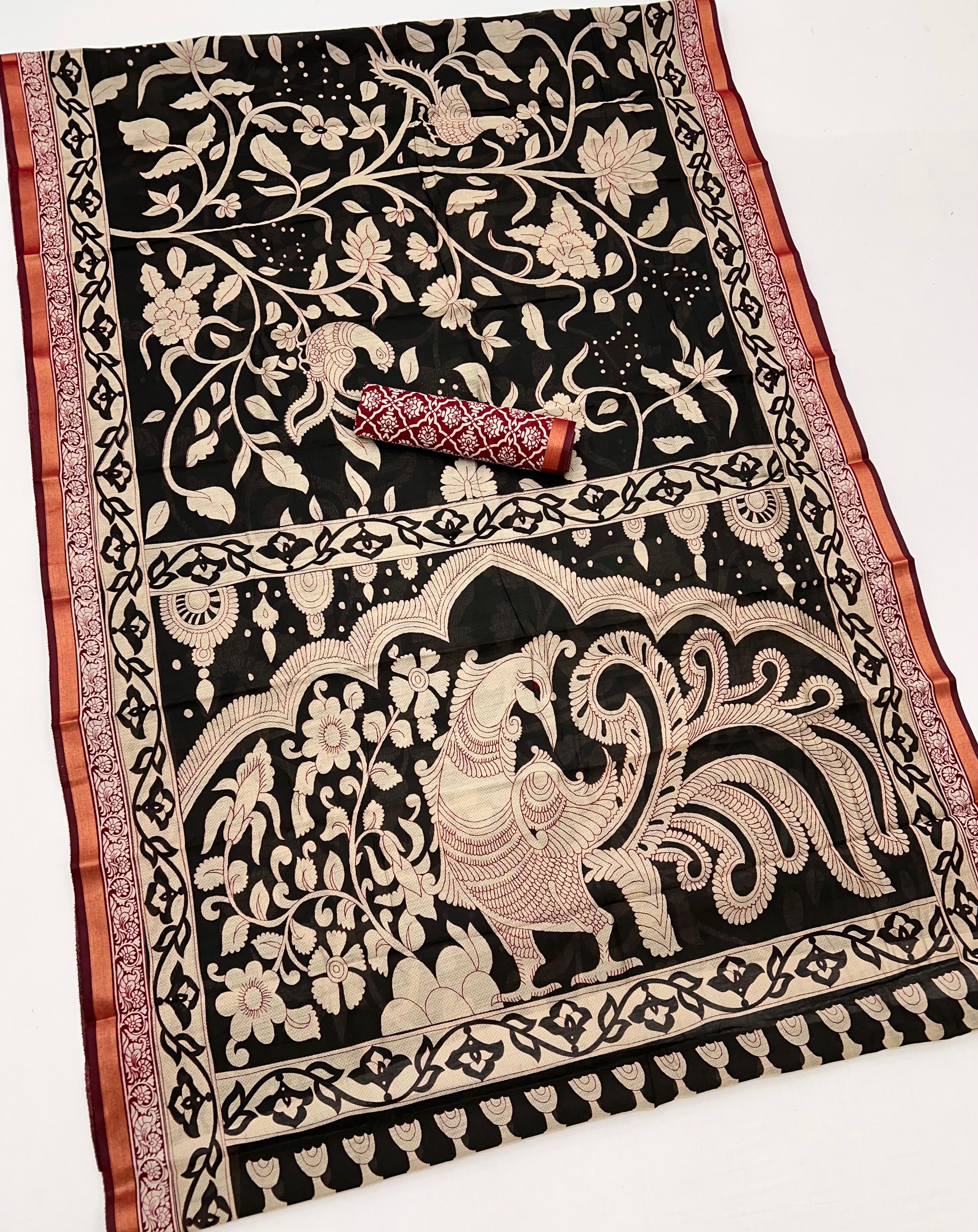 Black Bean Pure Mul Cotton Saree With Stylish Blouse Piece