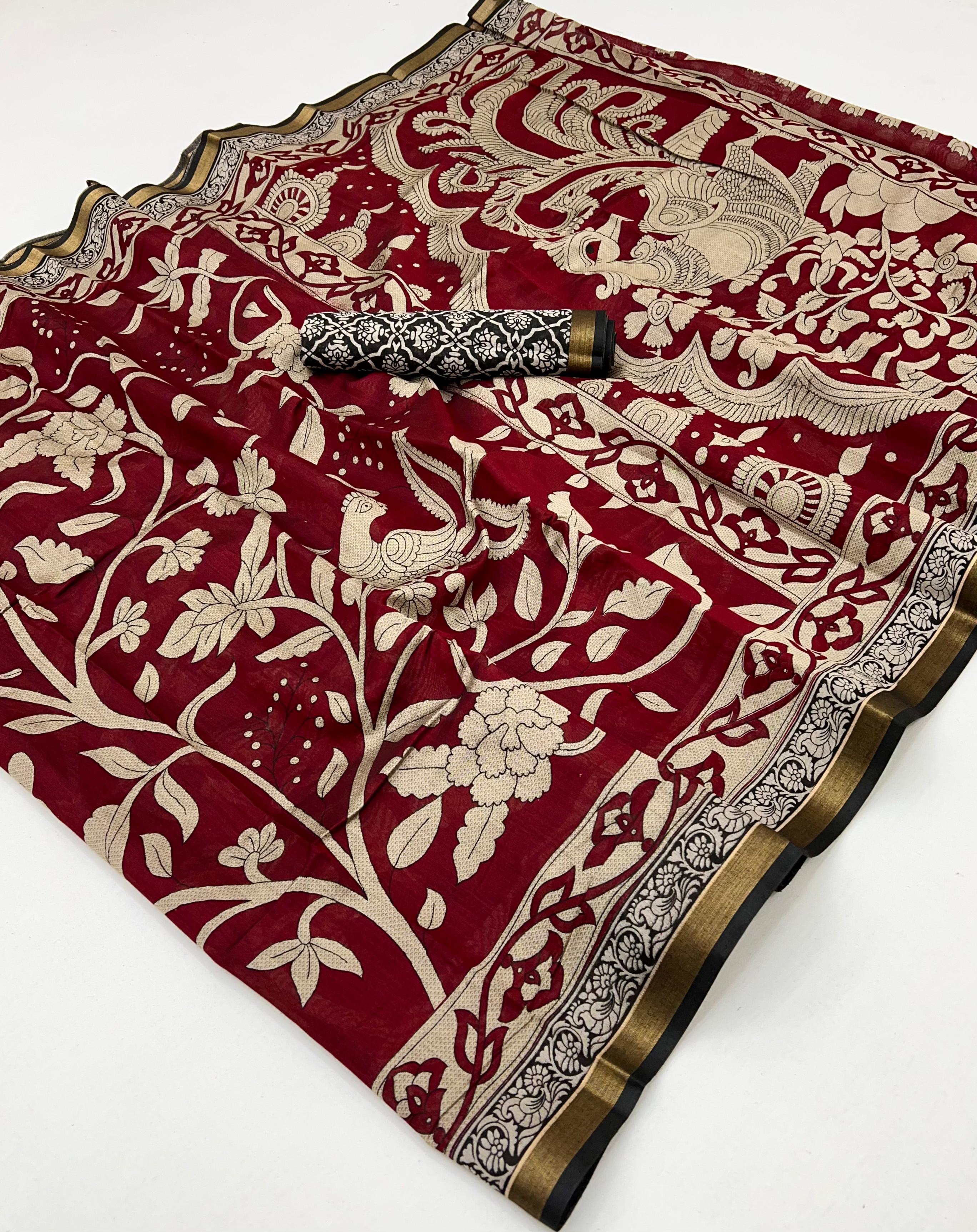 Rosewood Pure Mul Cotton Saree With Stylish Blouse Piece