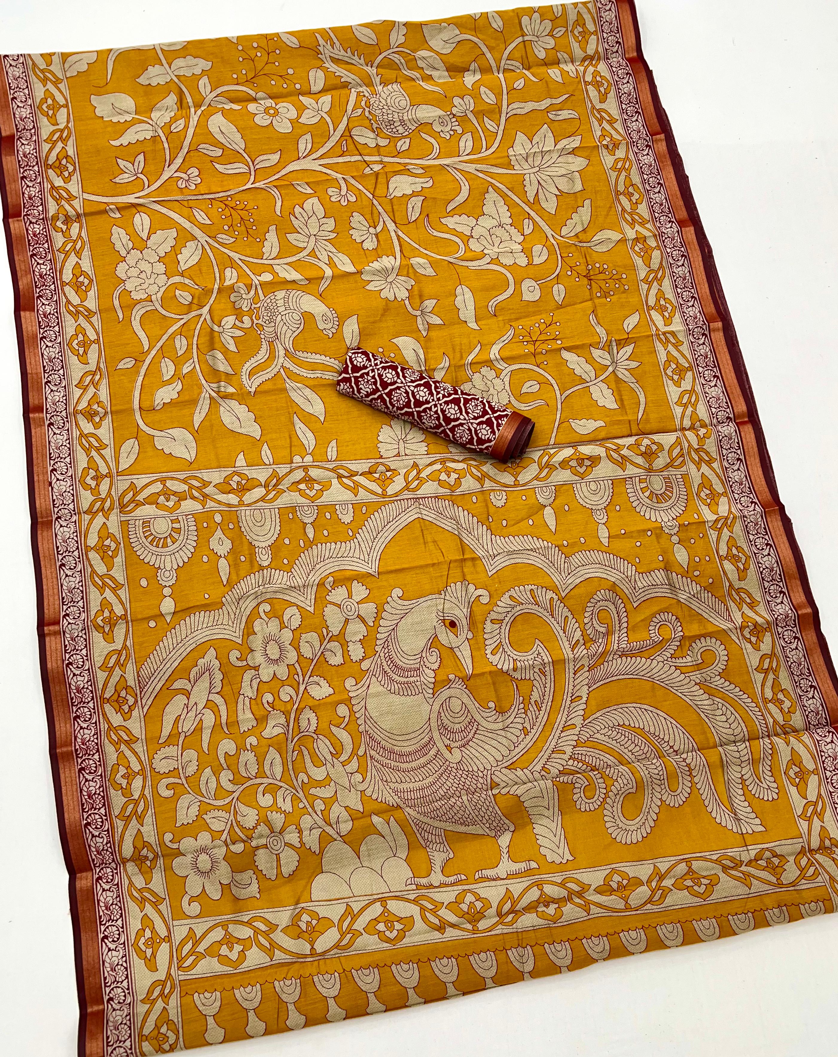 Beev Yellow Pure Mul Cotton Saree With Stylish Blouse Piece