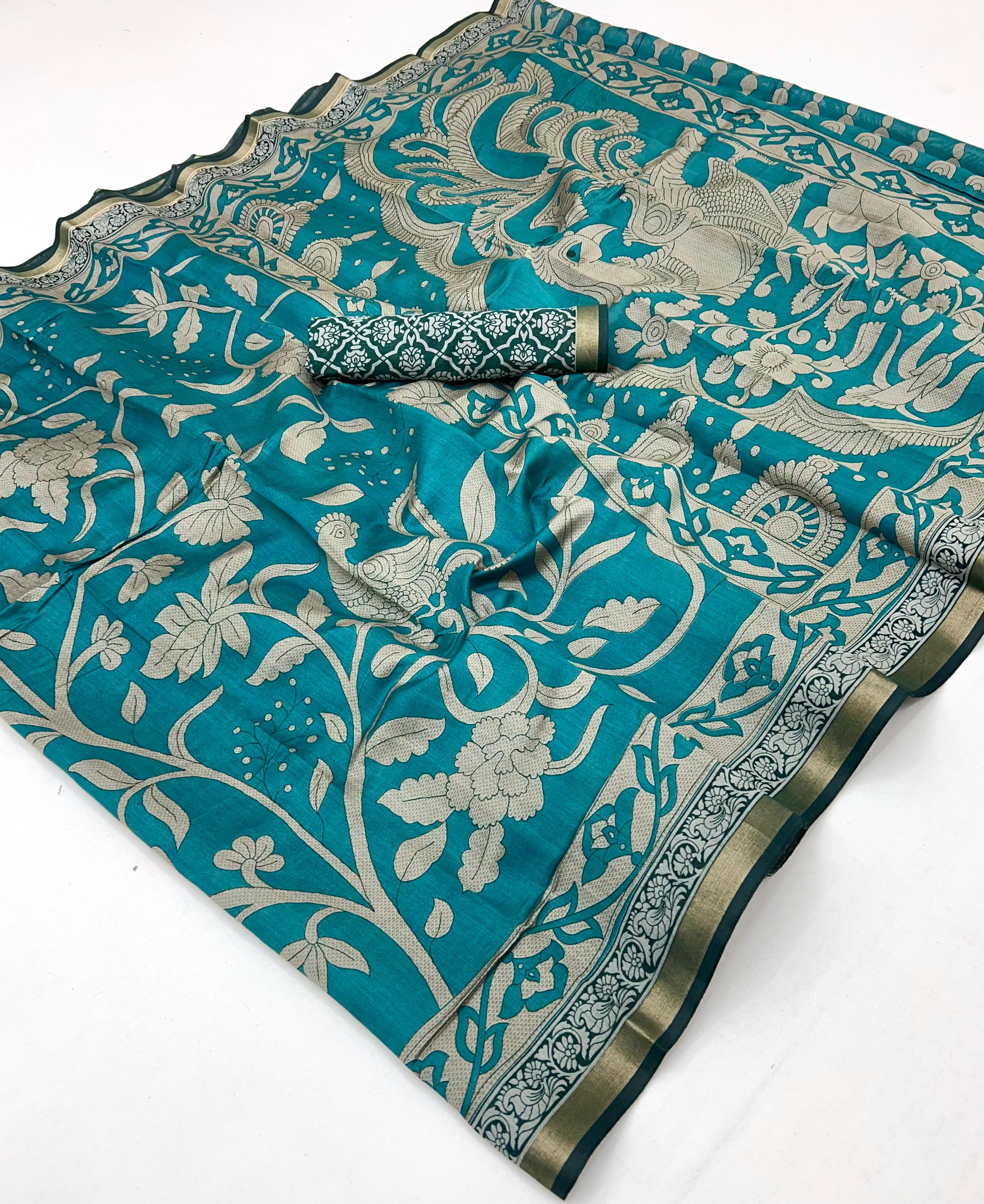 Teal Blue Pure Mul Cotton Saree With Stylish Blouse Piece