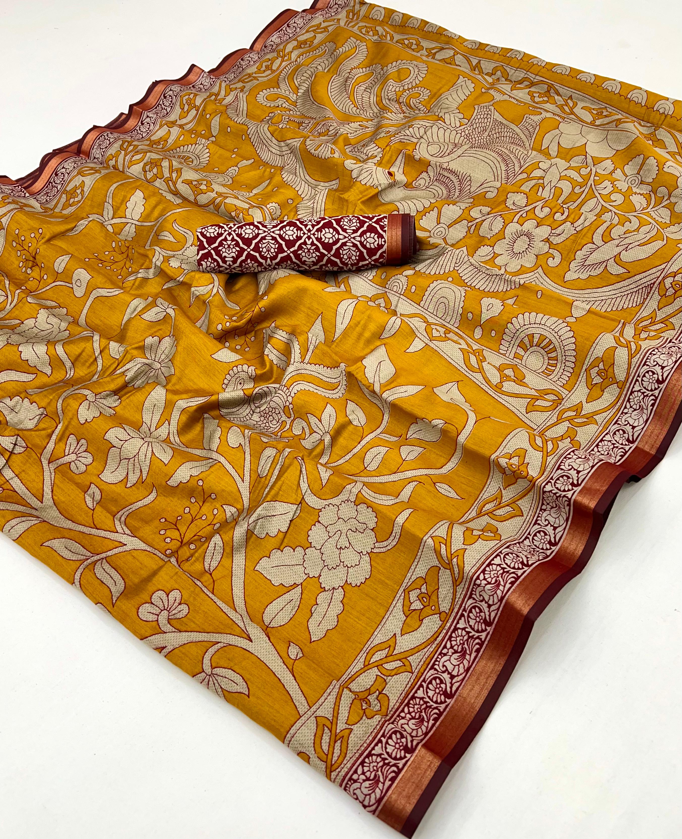 Beev Yellow Pure Mul Cotton Saree With Stylish Blouse Piece