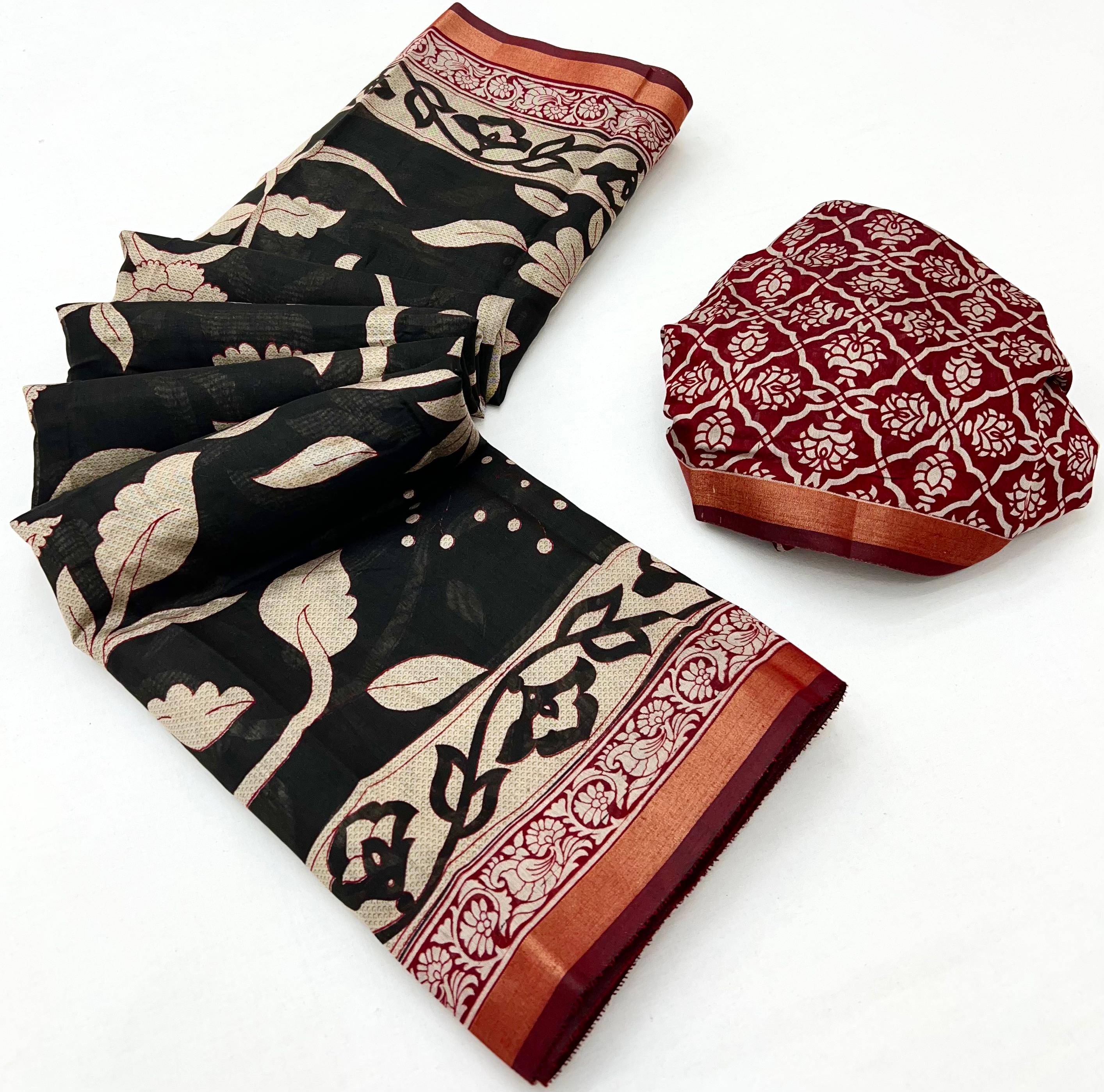 Black Bean Pure Mul Cotton Saree With Stylish Blouse Piece