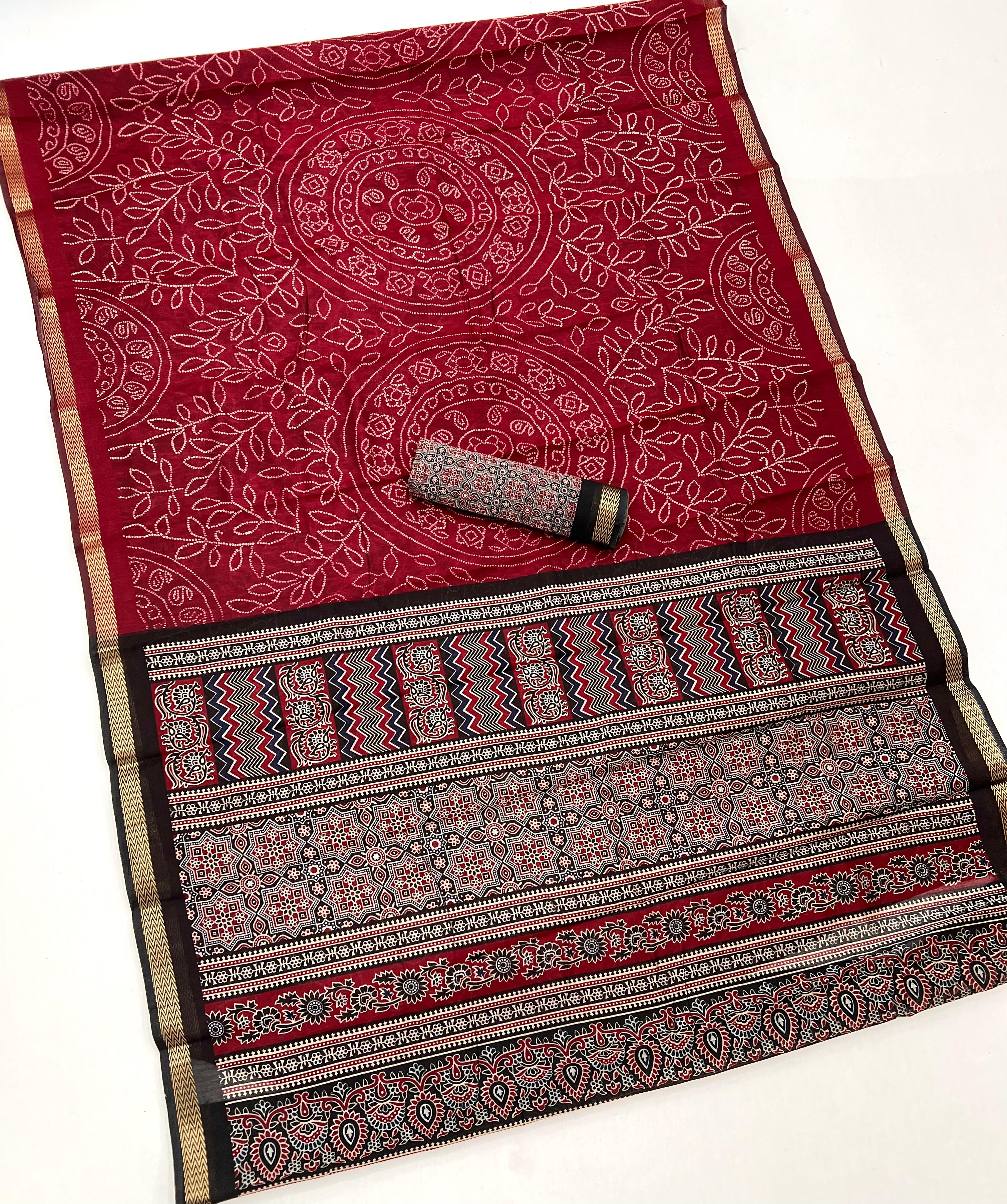 Dark Maroon Woven Mul Cotton Saree With Blouse