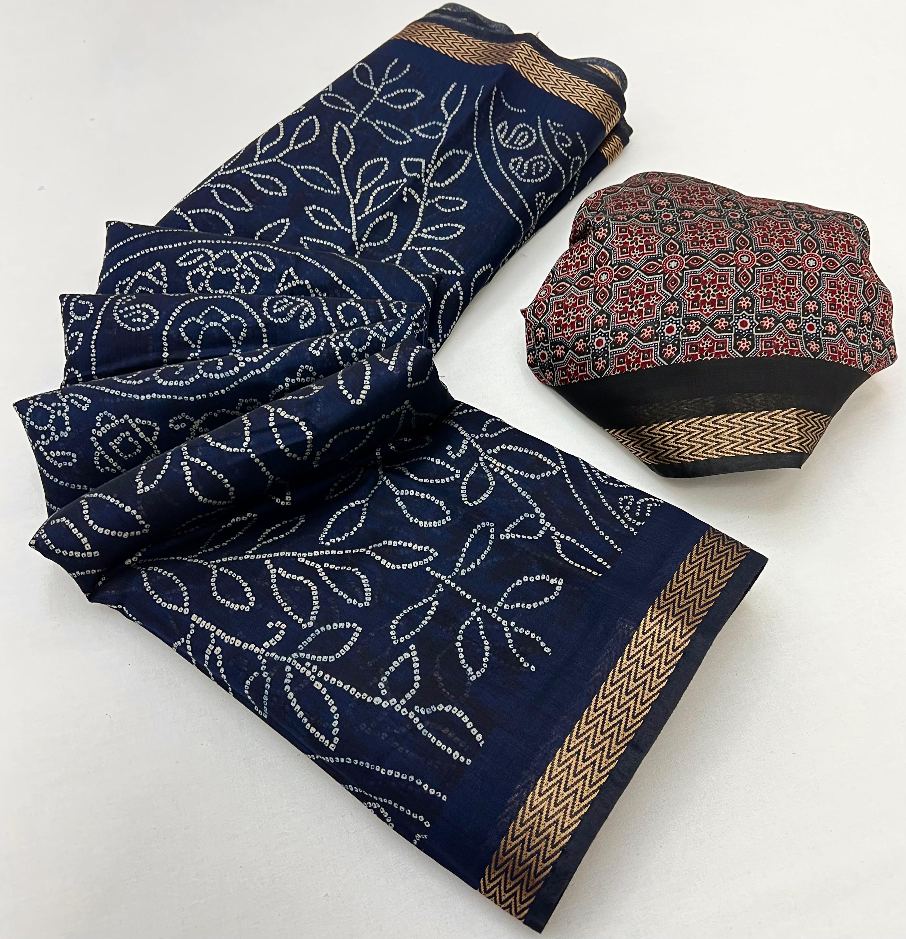 Navy Blue Woven Mul Cotton Saree With Blouse