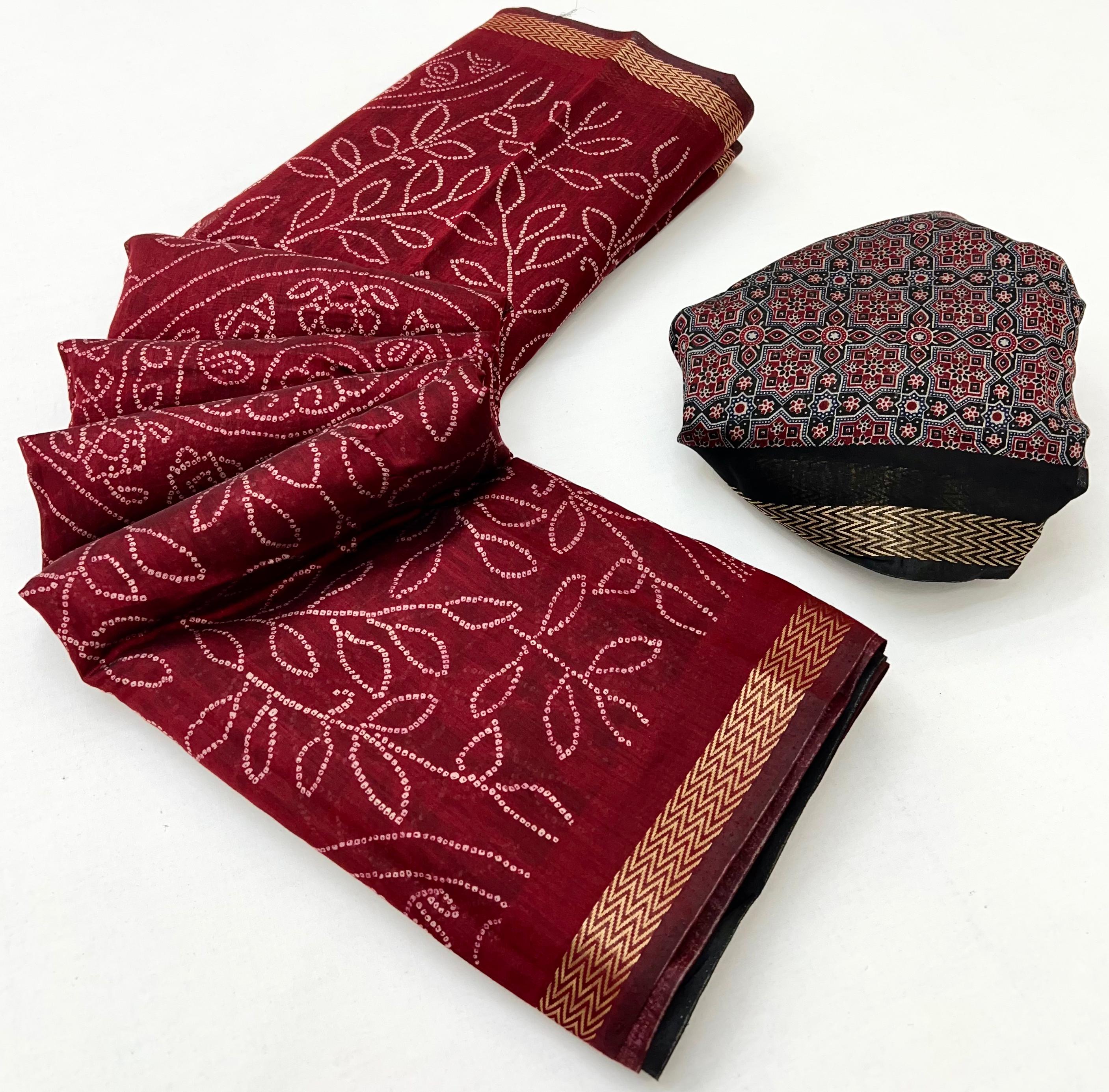 Dark Maroon Woven Mul Cotton Saree With Blouse