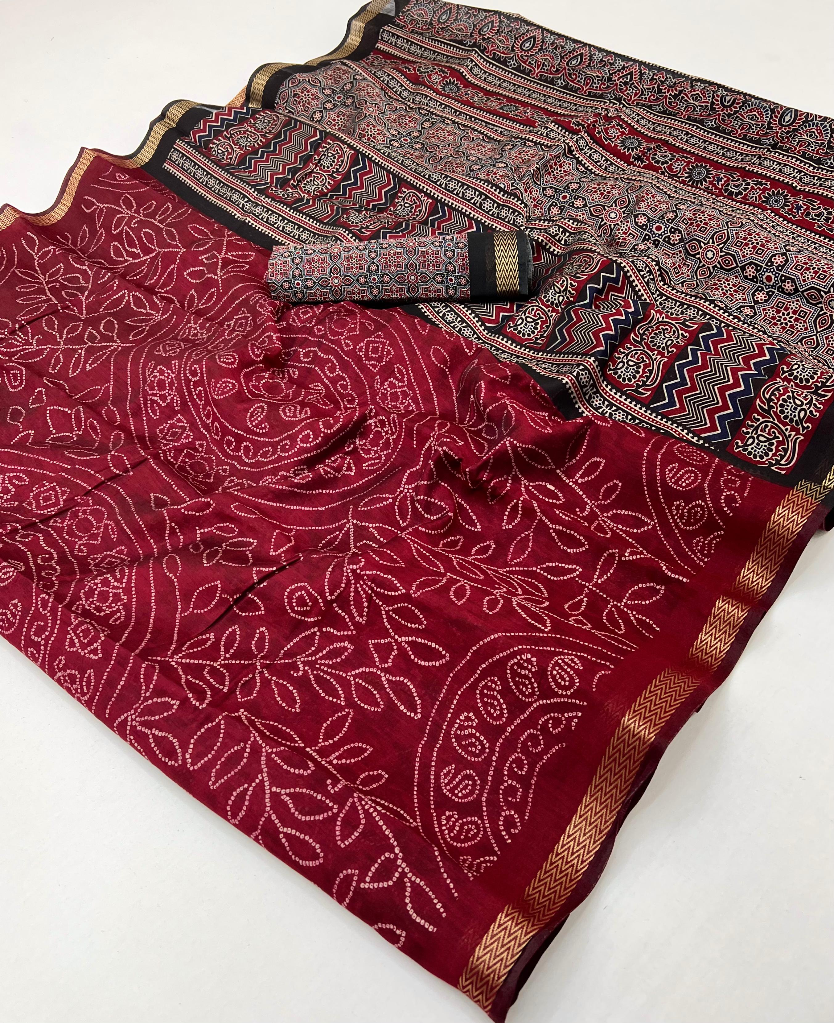 Dark Maroon Woven Mul Cotton Saree With Blouse