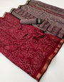 Dark Maroon Woven Mul Cotton Saree With Blouse
