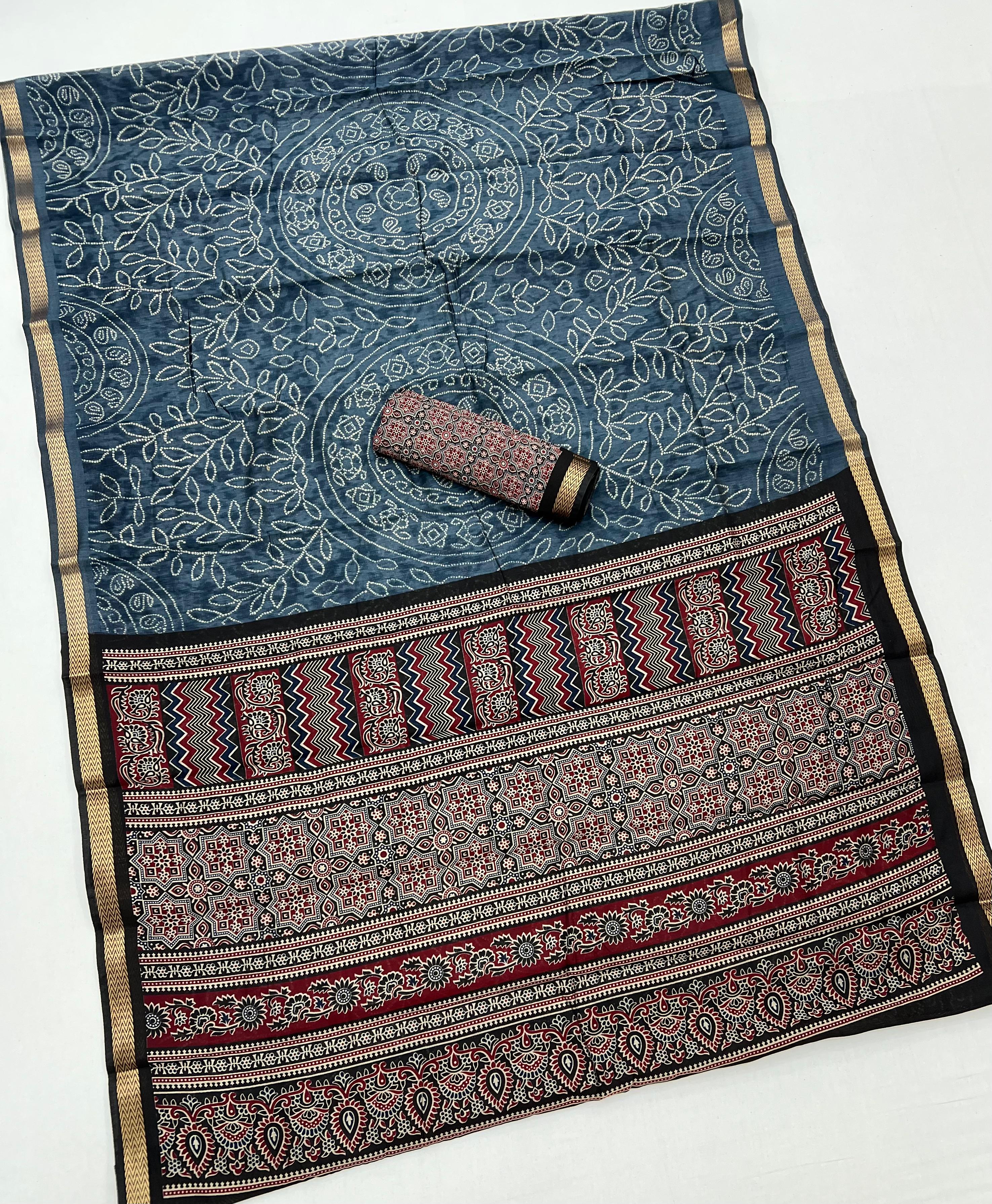 Dark Blue Woven Mul Cotton Saree With Blouse