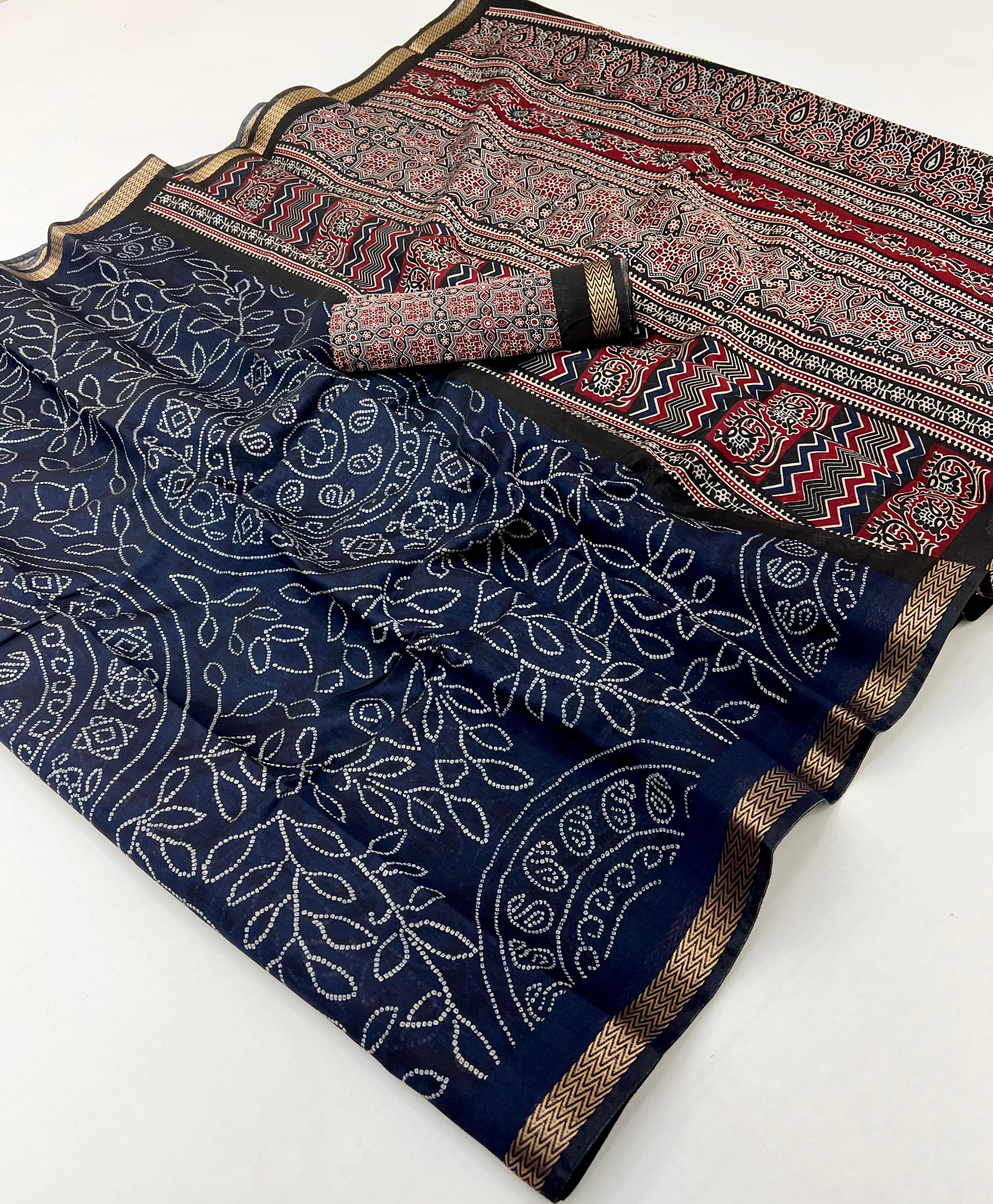 Navy Blue Woven Mul Cotton Saree With Blouse