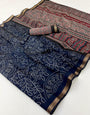 Navy Blue Woven Mul Cotton Saree With Blouse