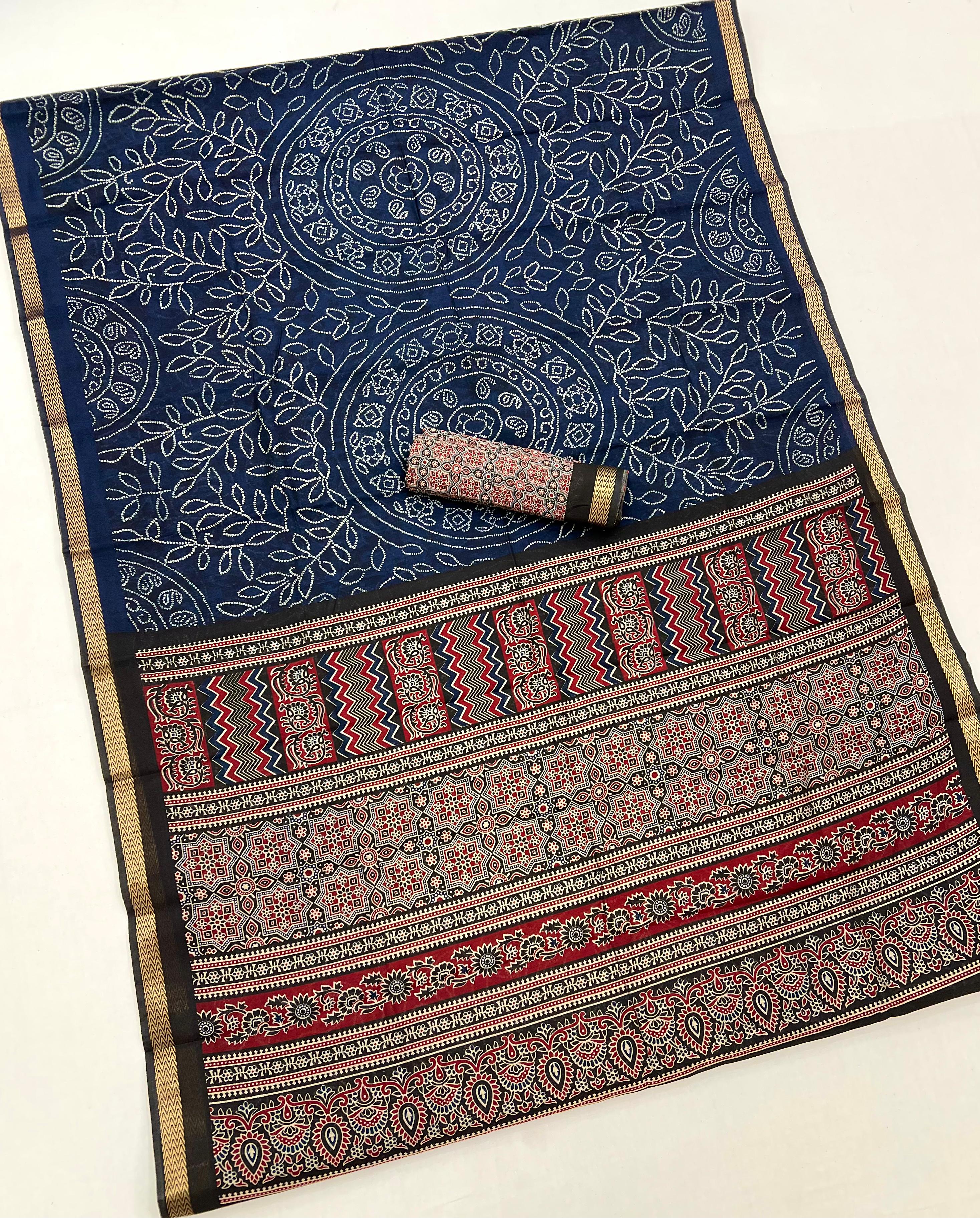 Navy Blue Woven Mul Cotton Saree With Blouse