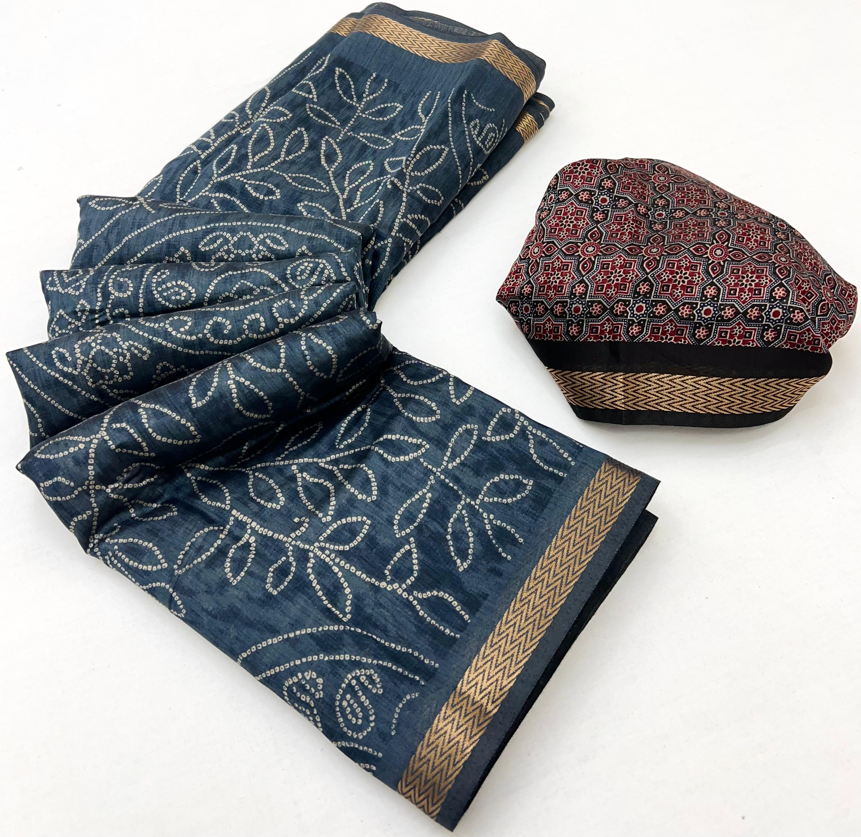 Dark Blue Woven Mul Cotton Saree With Blouse